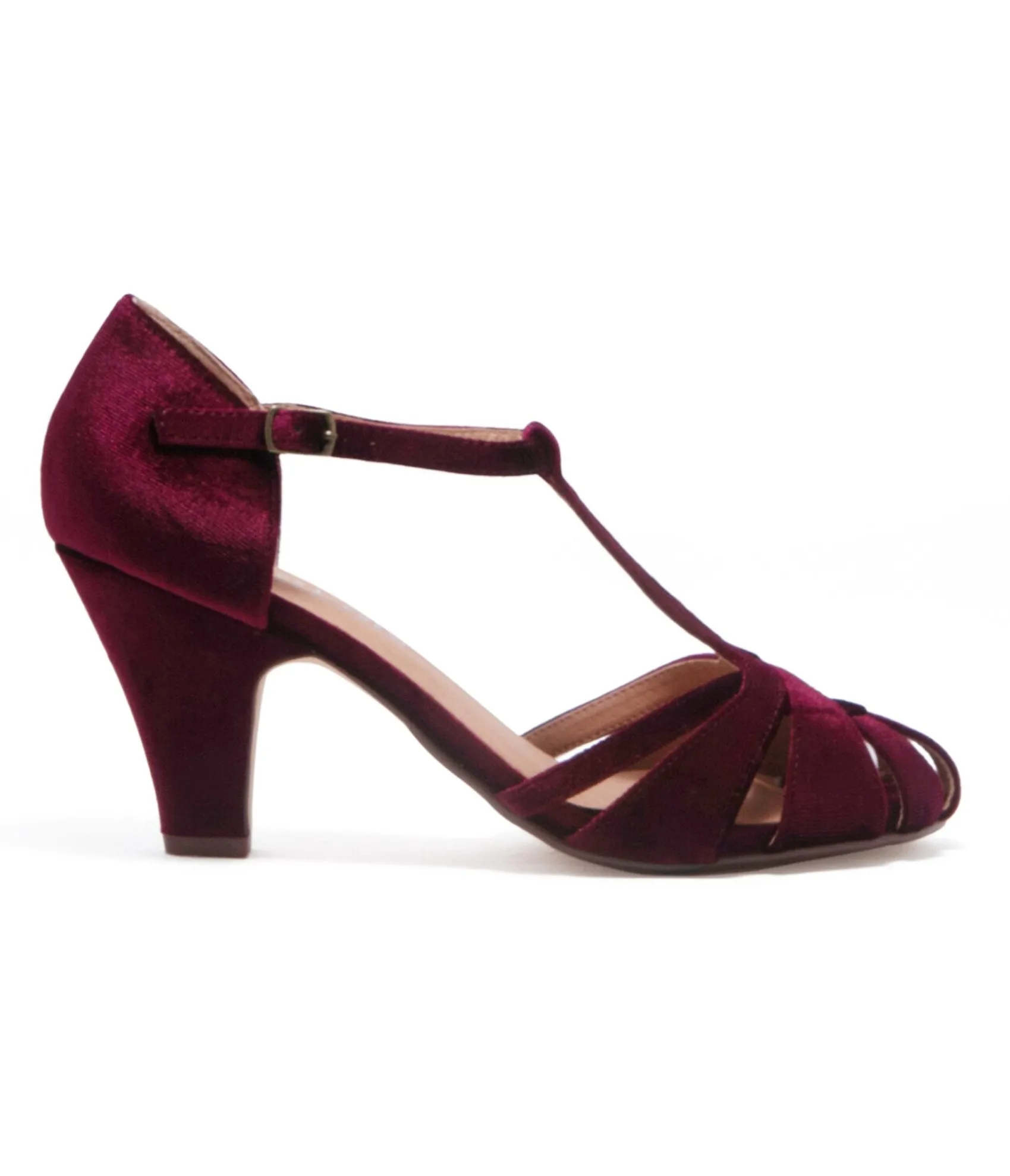 Unique Vintage Chelsea Crew 1920s Burgundy Velvet T-Strap Sergi Heels Flash Sale