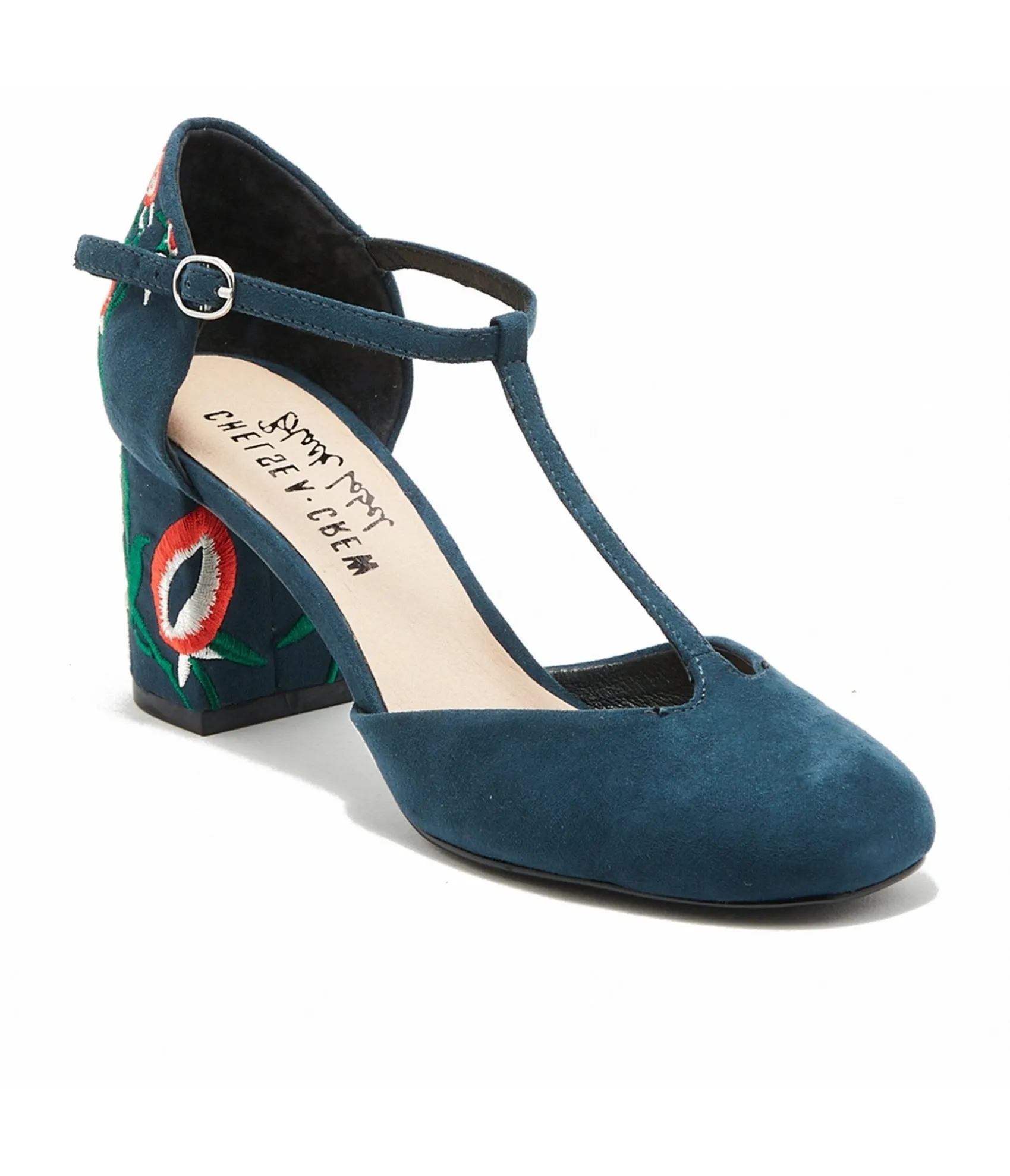 Unique Vintage Chelsea Crew 1920s Navy T-Strap Embroidered Frenchie Heels Hot