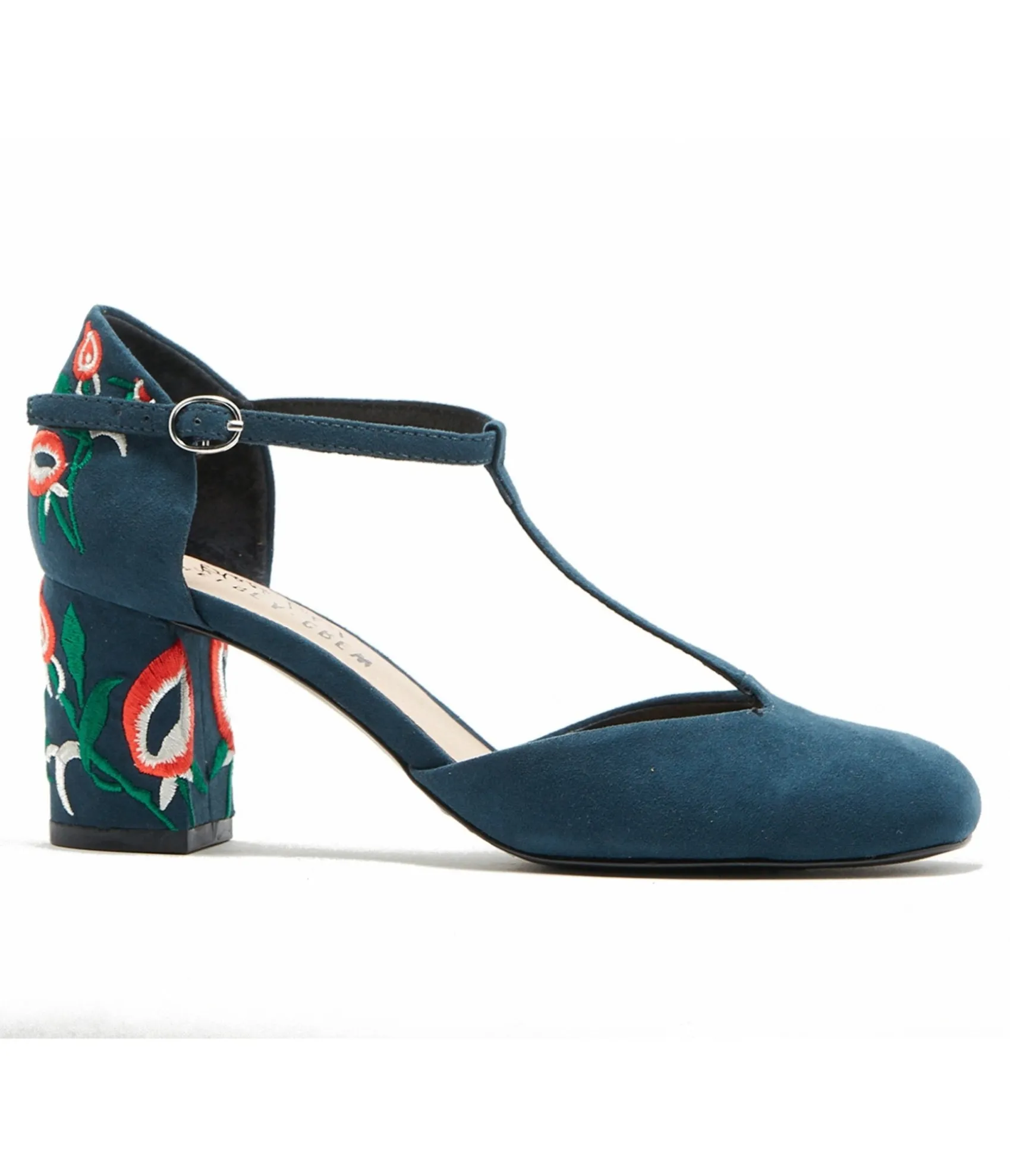 Unique Vintage Chelsea Crew 1920s Navy T-Strap Embroidered Frenchie Heels Hot