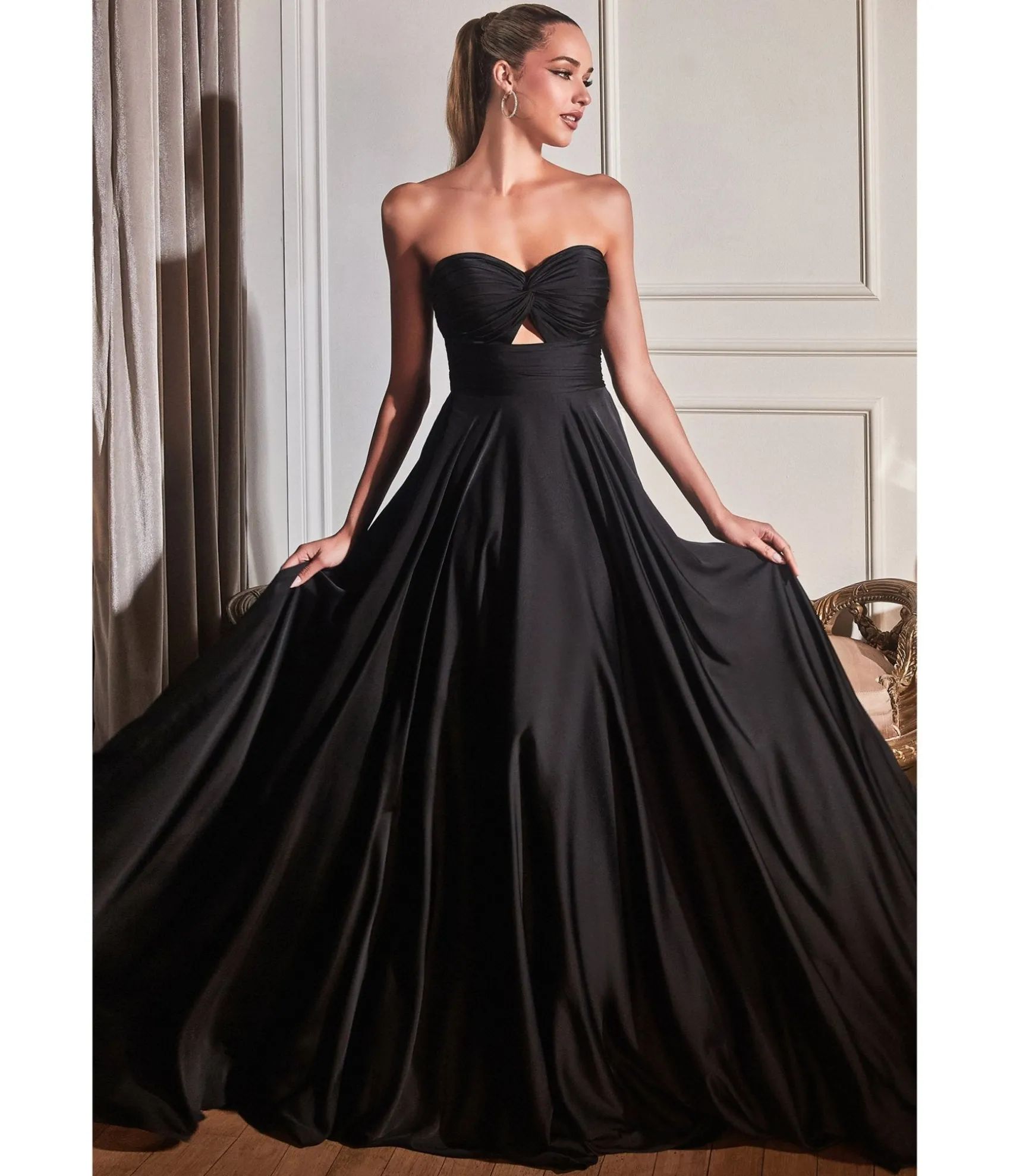 Unique Vintage Cinderella Divine Black Satin Strapless Keyhole Evening Gown Sale