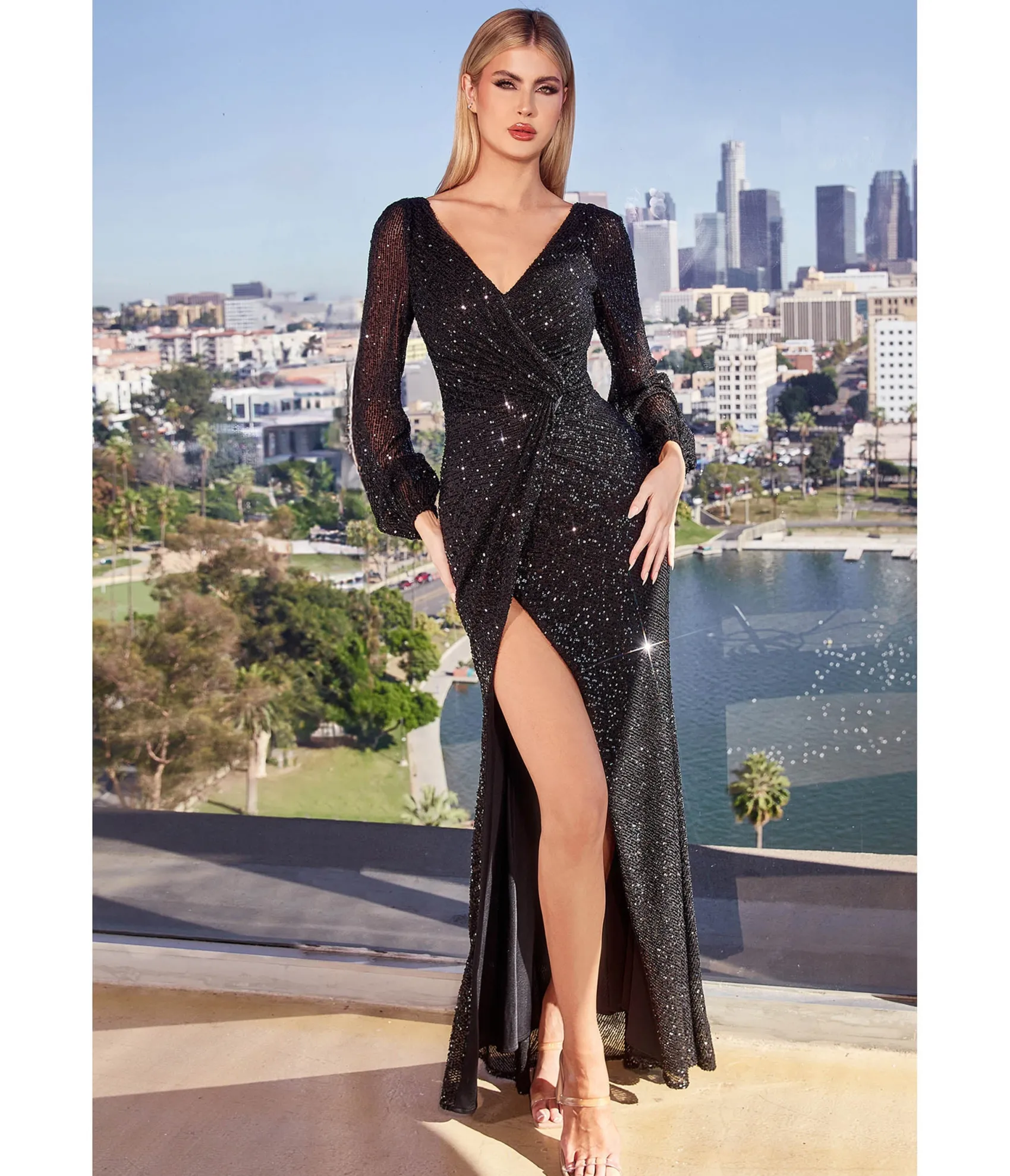 Unique Vintage Cinderella Divine Black Sequin Long Sleeve Slit Evening Gown Best