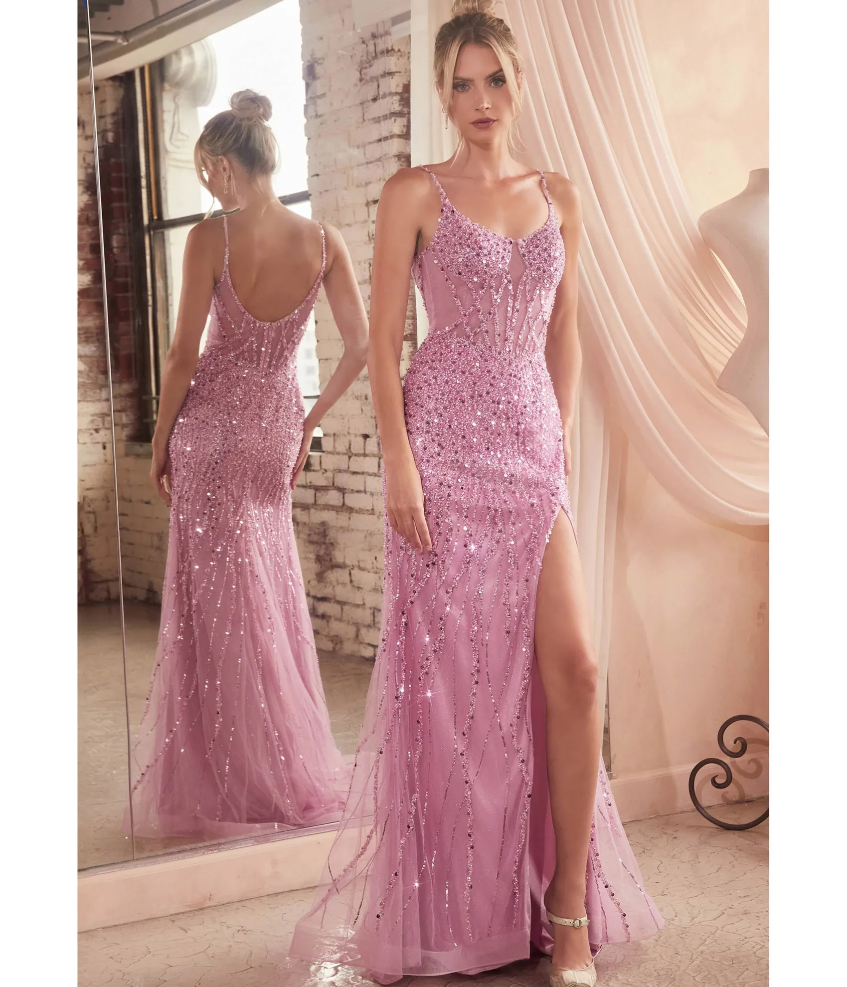 Unique Vintage Cinderella Divine Blossom Pink Sequin Beaded High Slit Fitted Prom Gown Hot