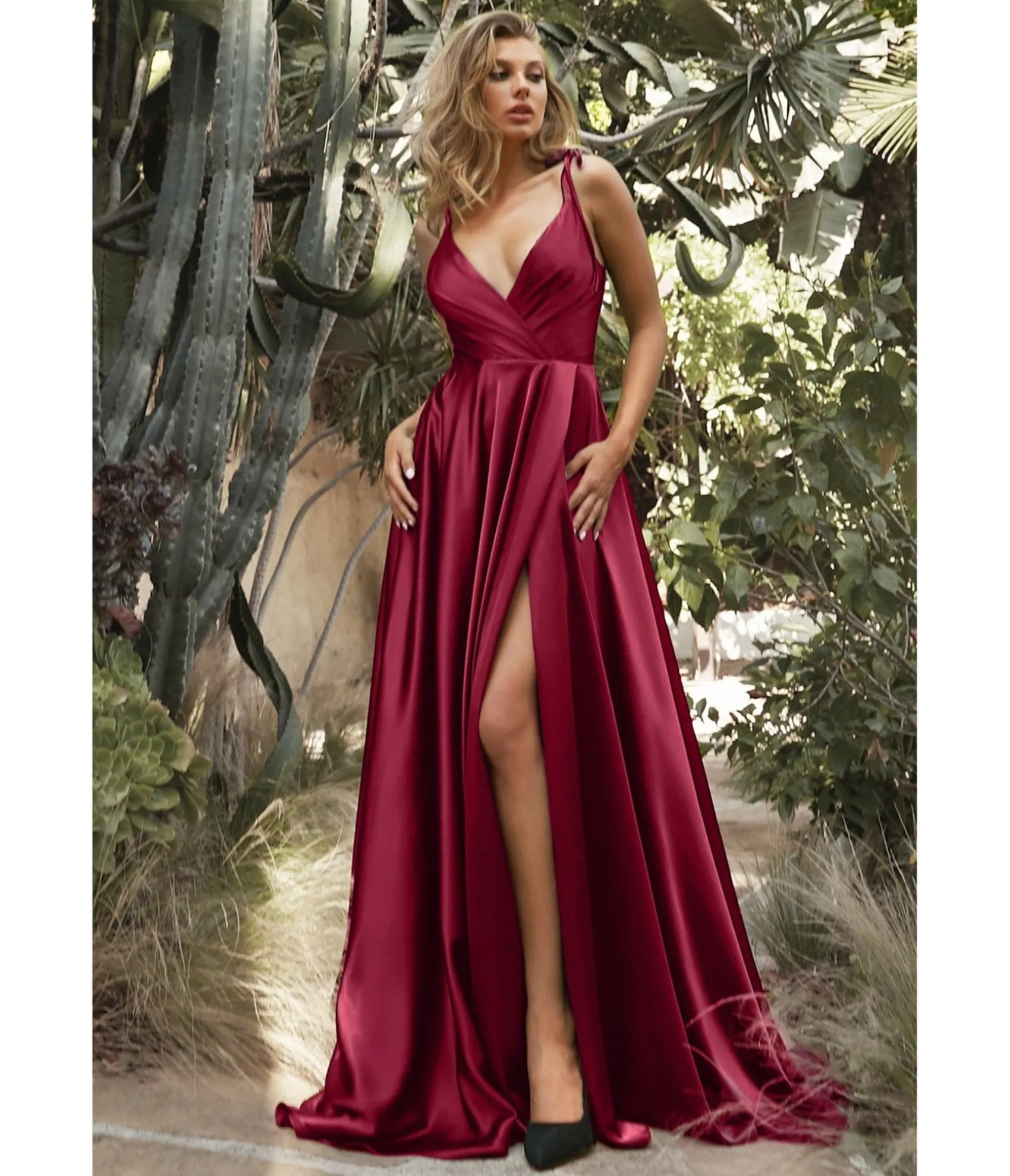 Unique Vintage Cinderella Divine Burgundy Flowy Satin A-Line Bridesmaid Gown Best