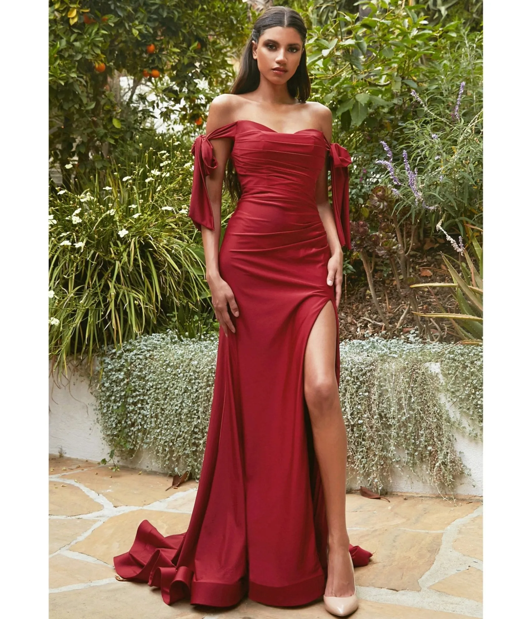 Unique Vintage Cinderella Divine Burgundy Off The Shoulder Tie Prom Gown Discount