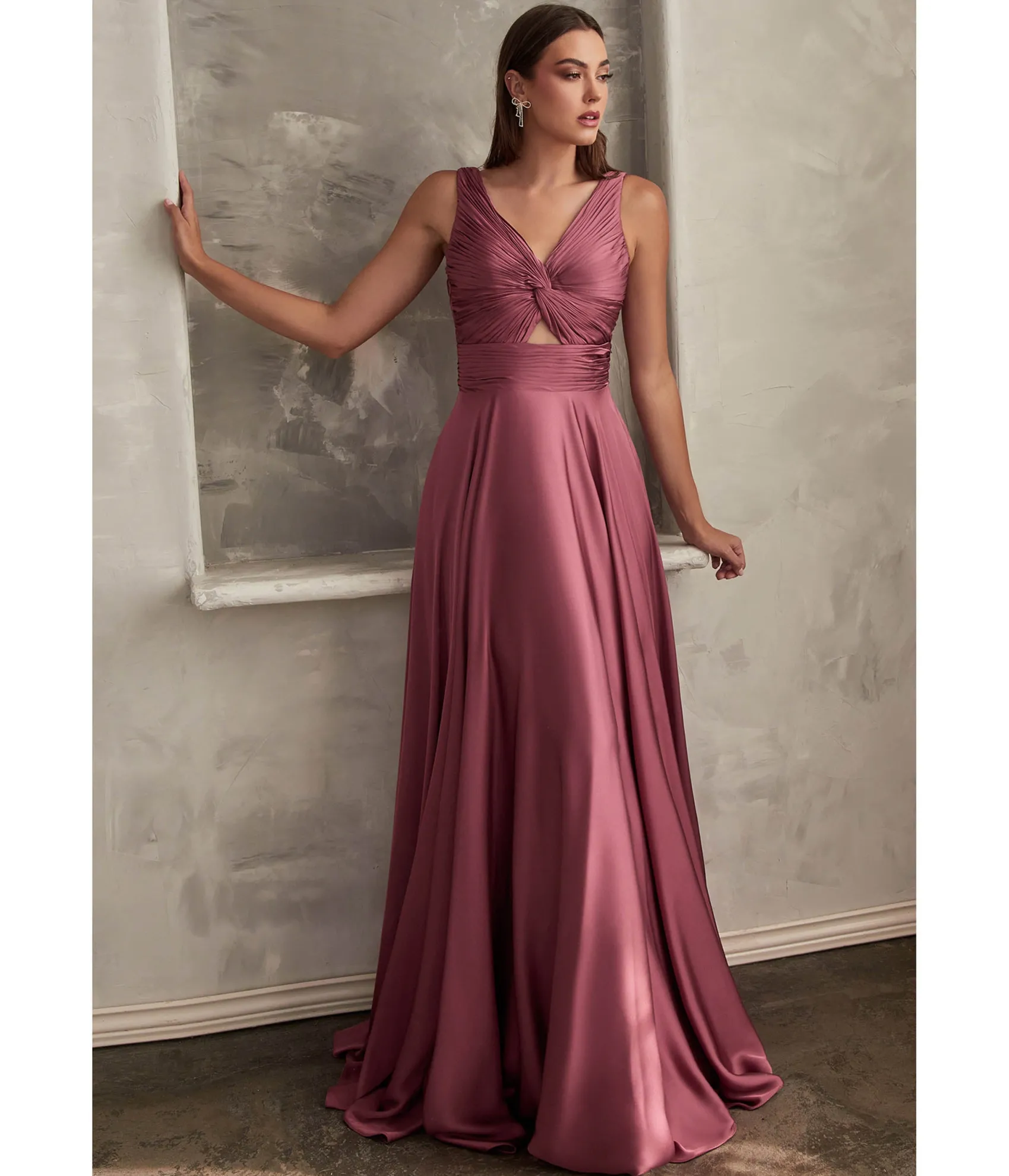 Unique Vintage Cinderella Divine Mauve Rose Satin Ruched Knotted Keyhole Evening Gown Sale