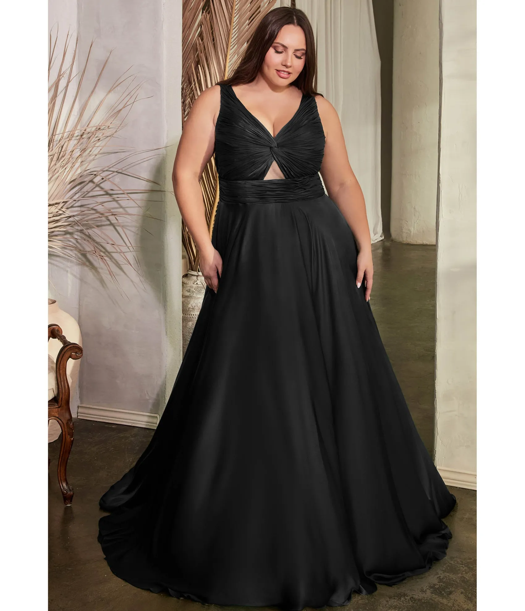 Unique Vintage Cinderella Divine Plus Size Black Satin Ruched Knotted Keyhole Evening Gown Cheap