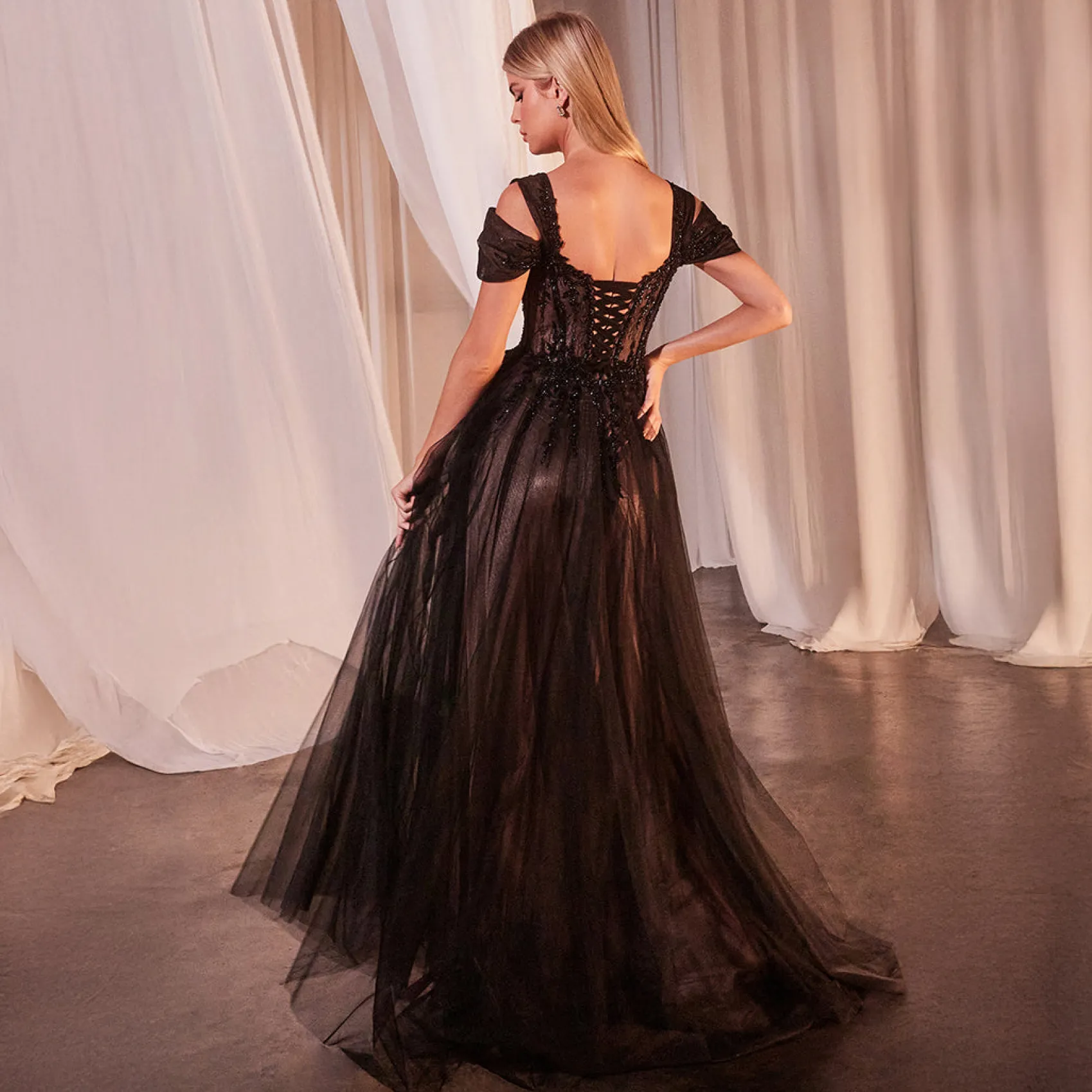 Unique Vintage Cinderella Divine Black & Nude Applique Cold Shoulder A-Line Prom Dress Flash Sale