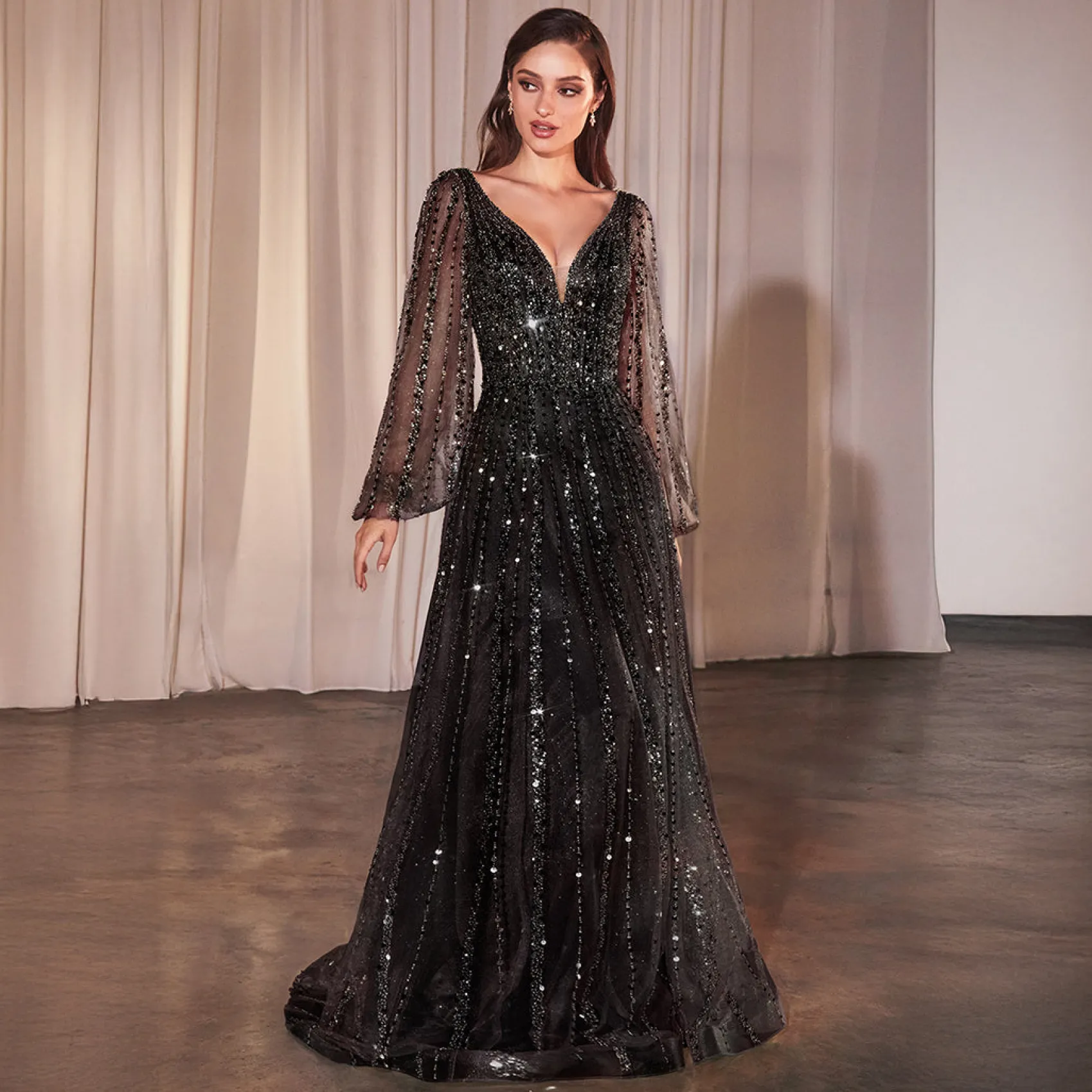 Unique Vintage Cinderella Divine Black Beaded Long Sleeve A-Line Prom Dress Sale