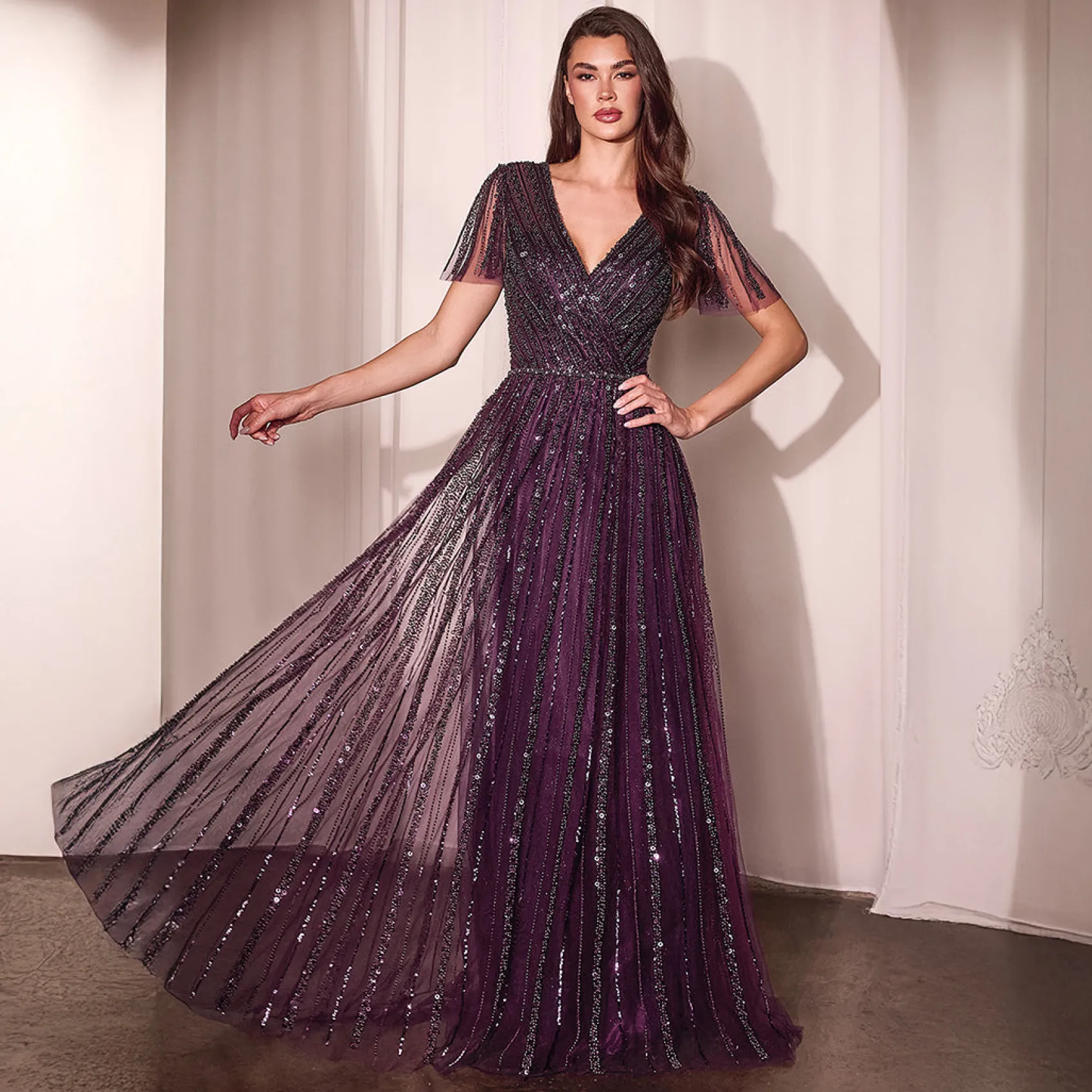 Unique Vintage Cinderella Divine Eggplant Beaded Short Sleeve A-Line Prom Dress Online