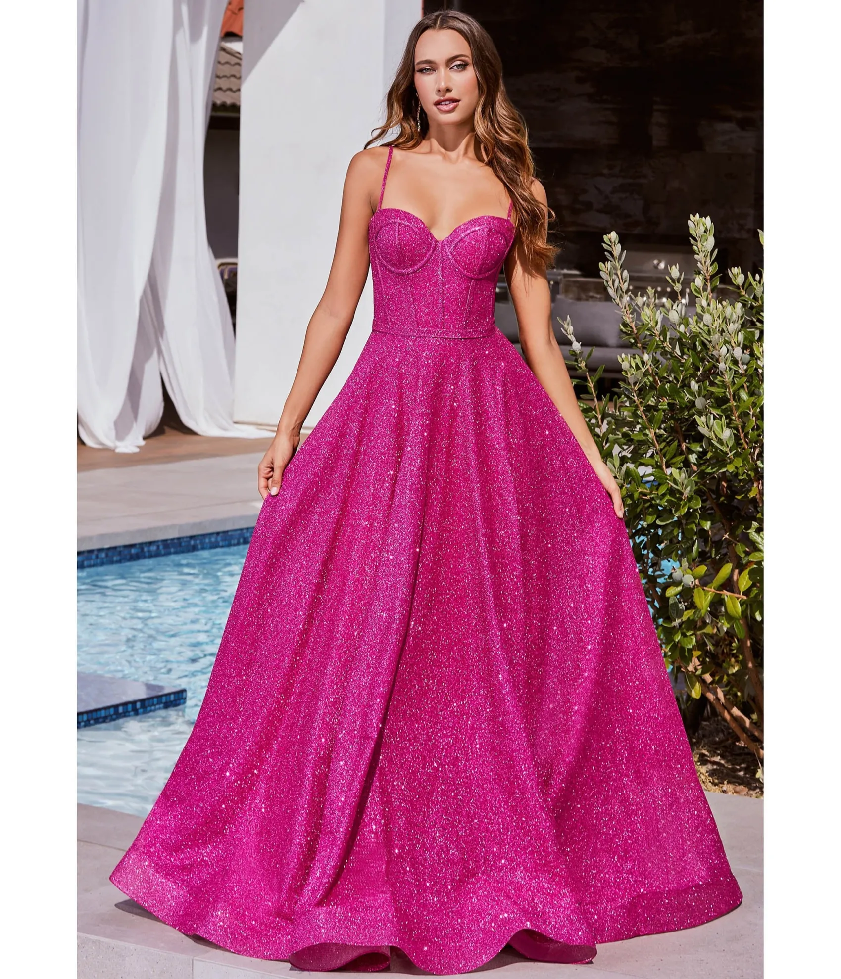 Unique Vintage Cinderella Divine Fuchsia Glitter Strapless Prom Gown Sale