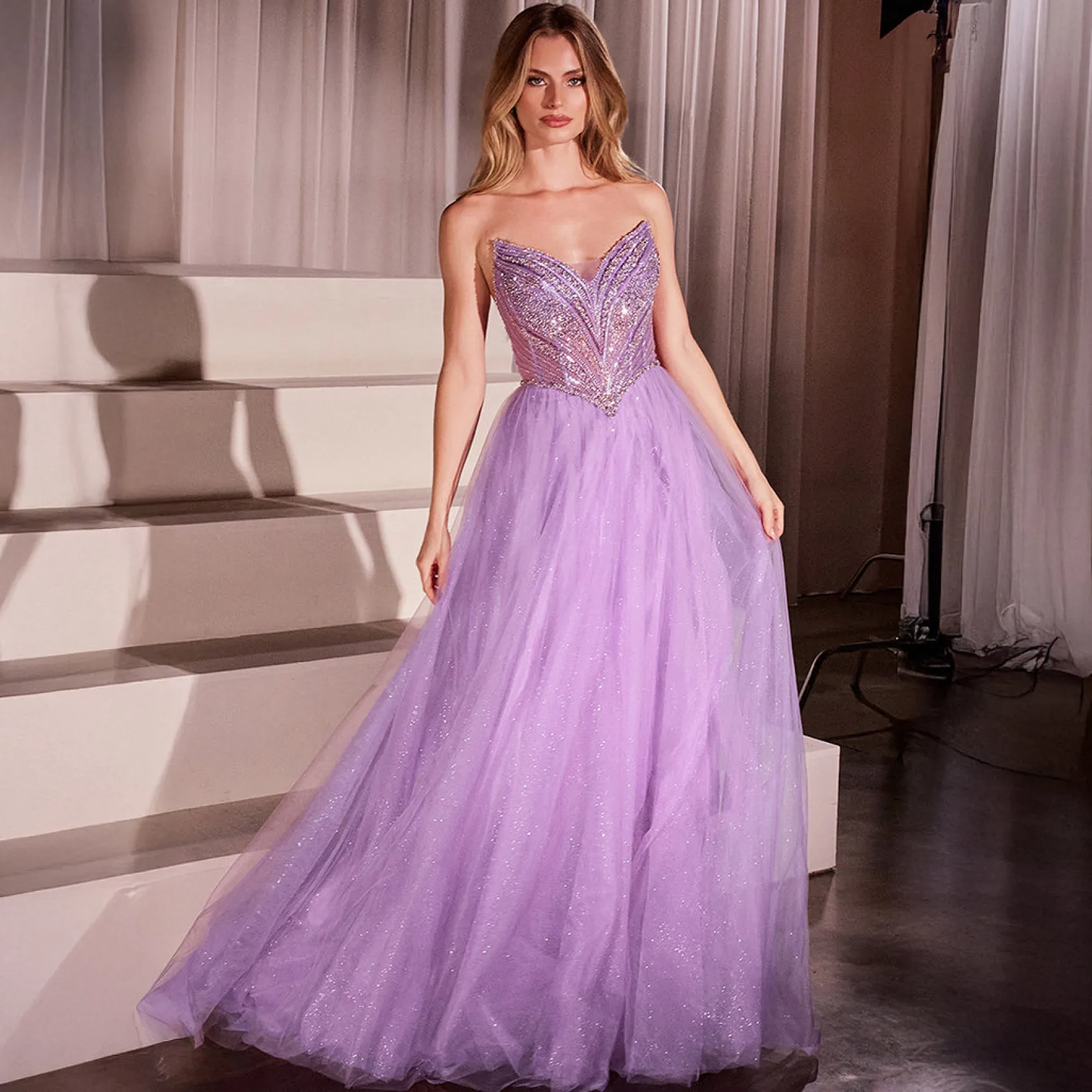 Unique Vintage Cinderella Divine Lavender Beaded Strapless Tulle Prom Dress Outlet