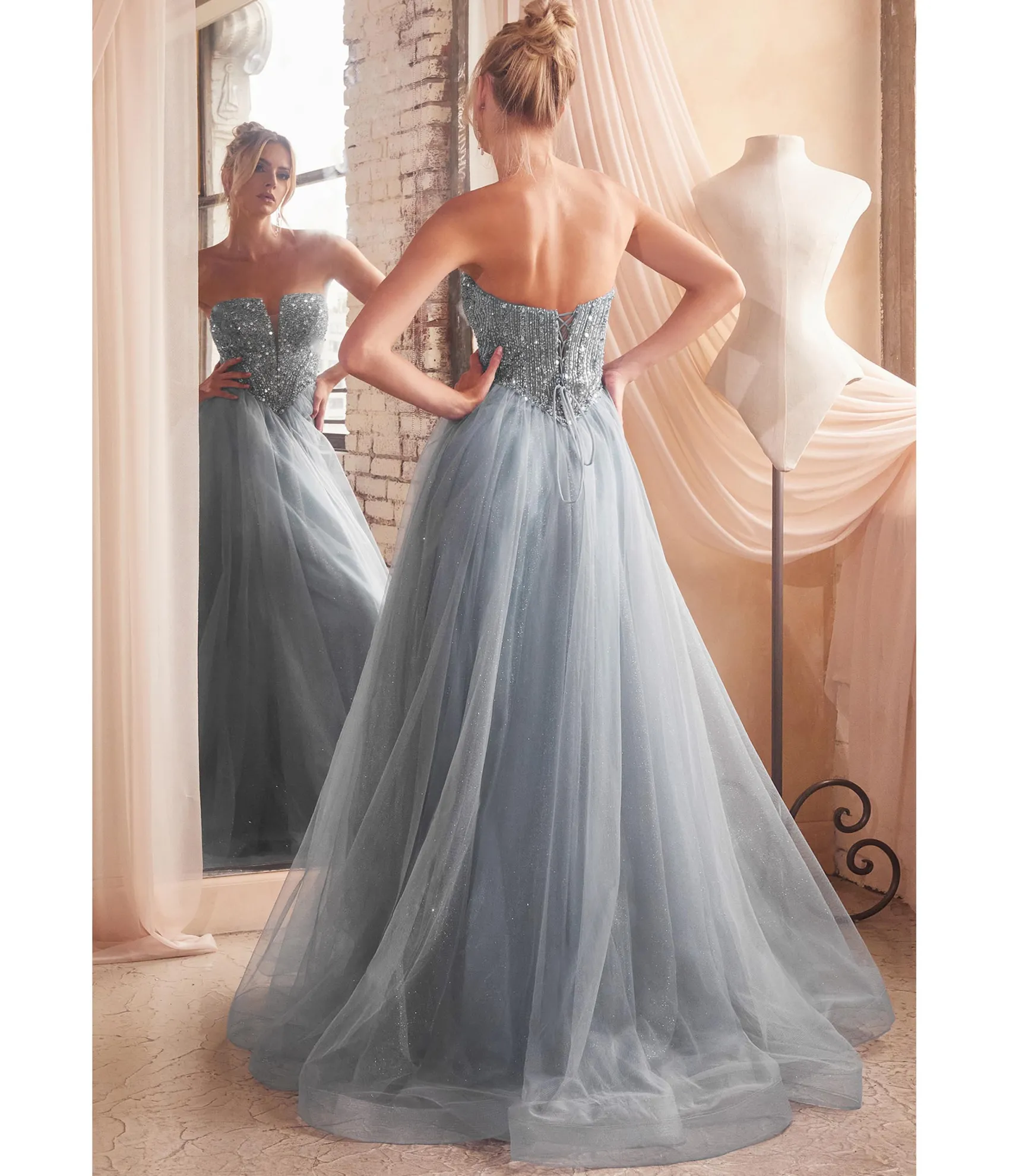Unique Vintage Cinderella Divine Smoky Blue Glitter Bodice & Tulle Prom Ball Gown New