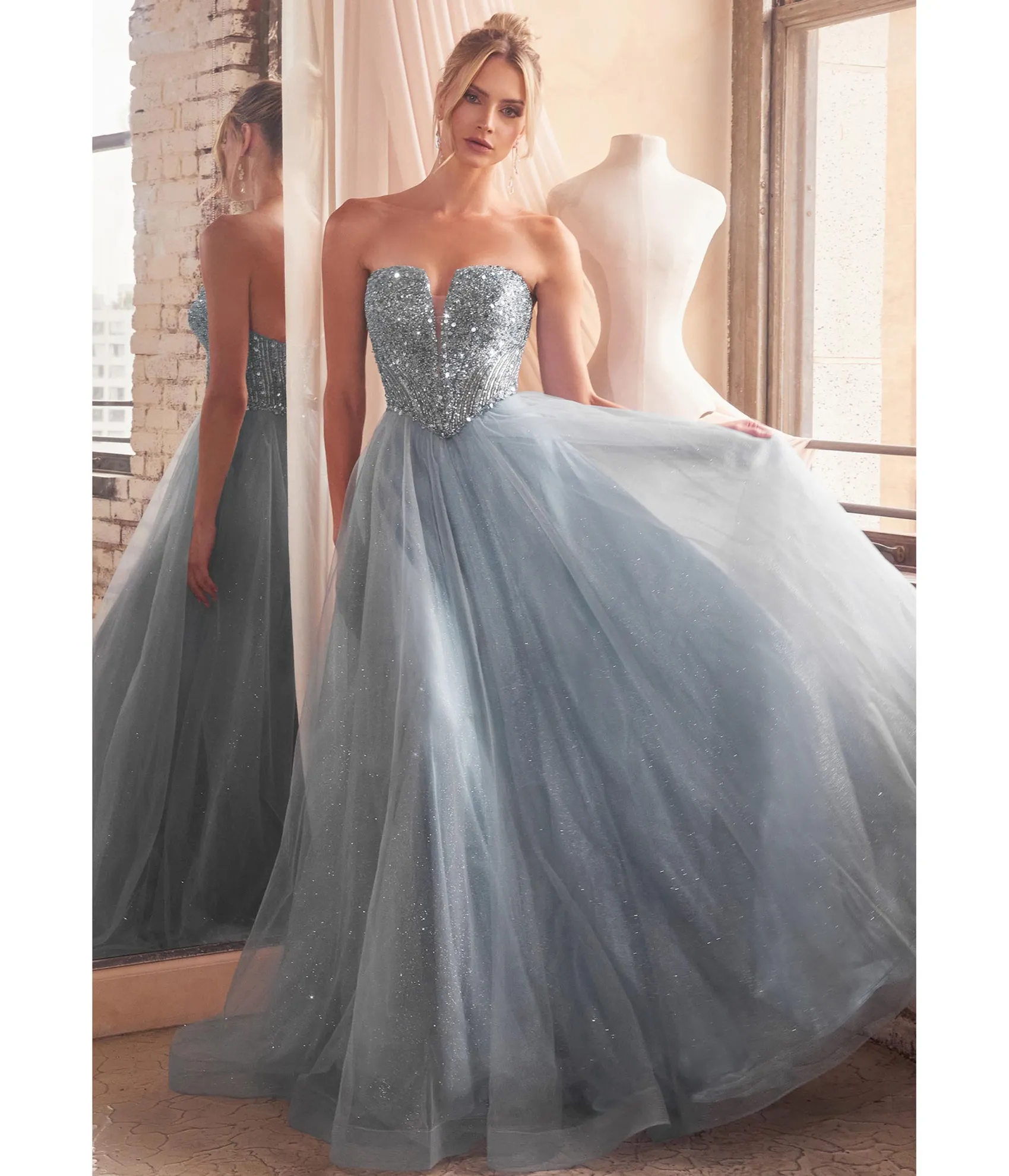 Unique Vintage Cinderella Divine Smoky Blue Glitter Bodice & Tulle Prom Ball Gown New