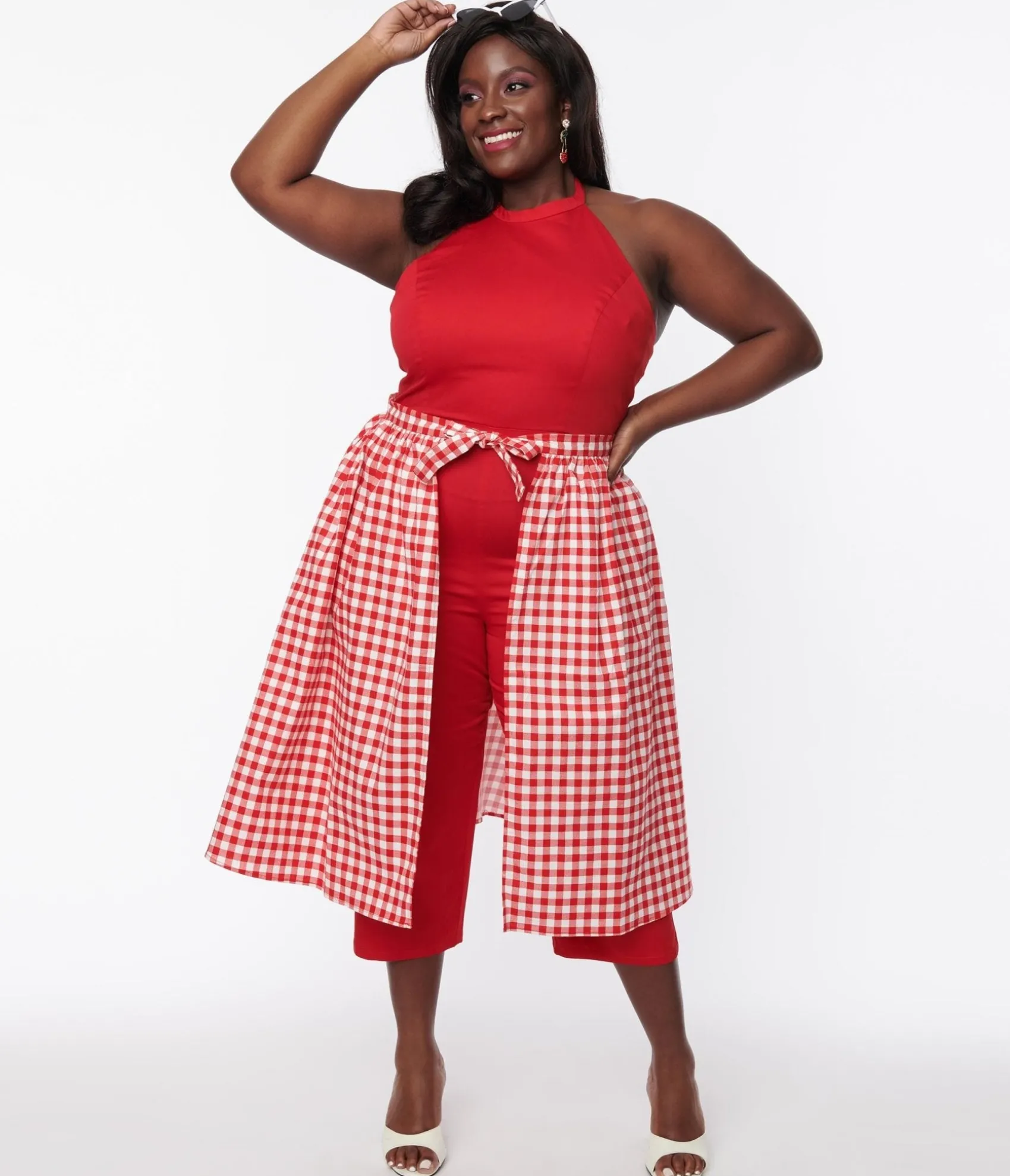 Unique Vintage Collectif Plus Size Red Gingham Skirted Midge Jumpsuit Set Flash Sale