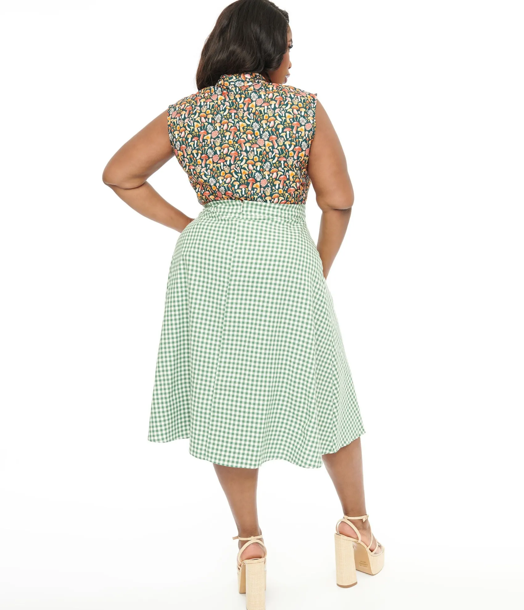 Unique Vintage Collectif Plus Size 1930s Green & White Gingham Hetty Swing Skirt Hot