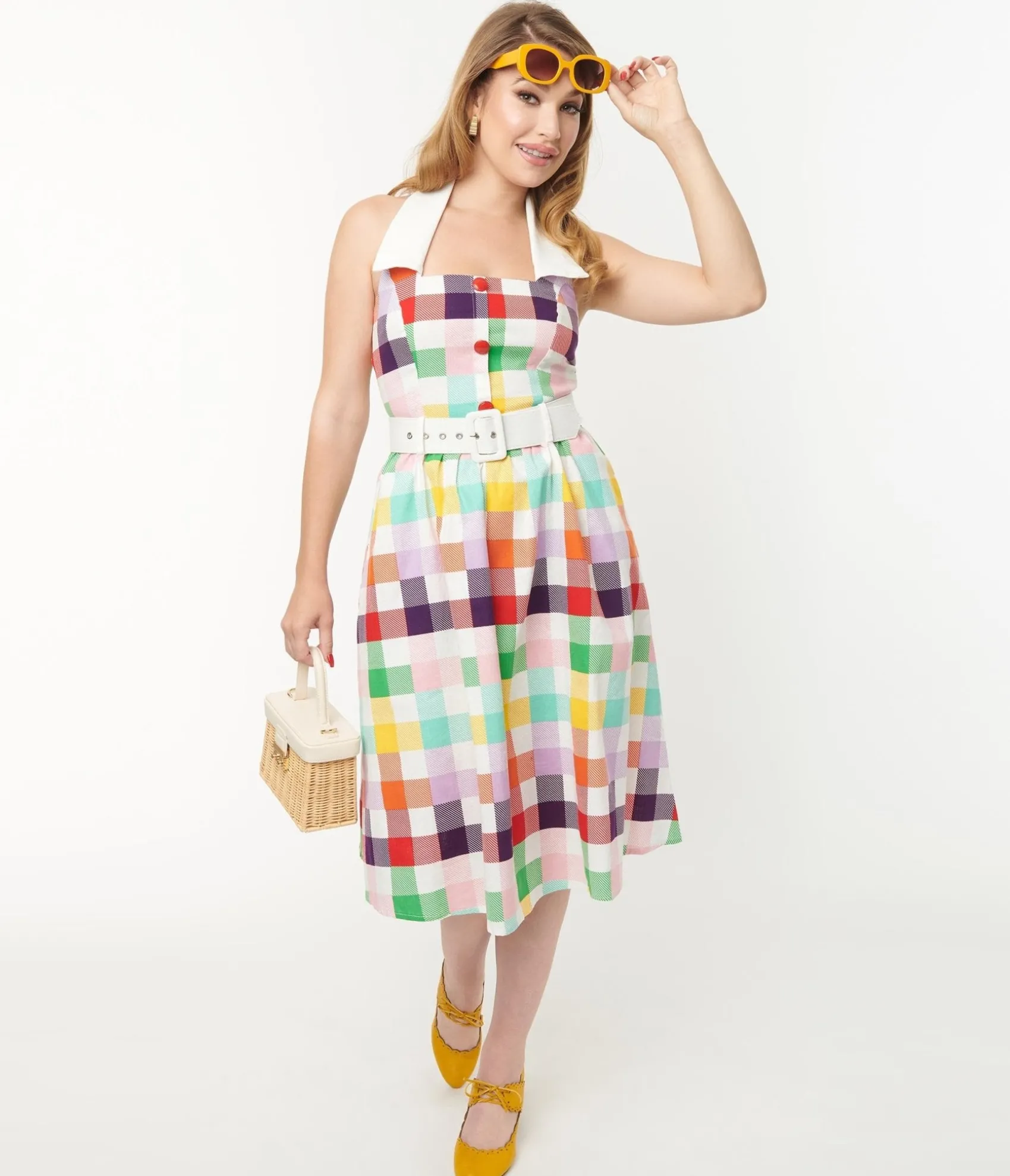 Unique Vintage Collectif Rainbow Checkered Halter Waverly Swing Dress Fashion
