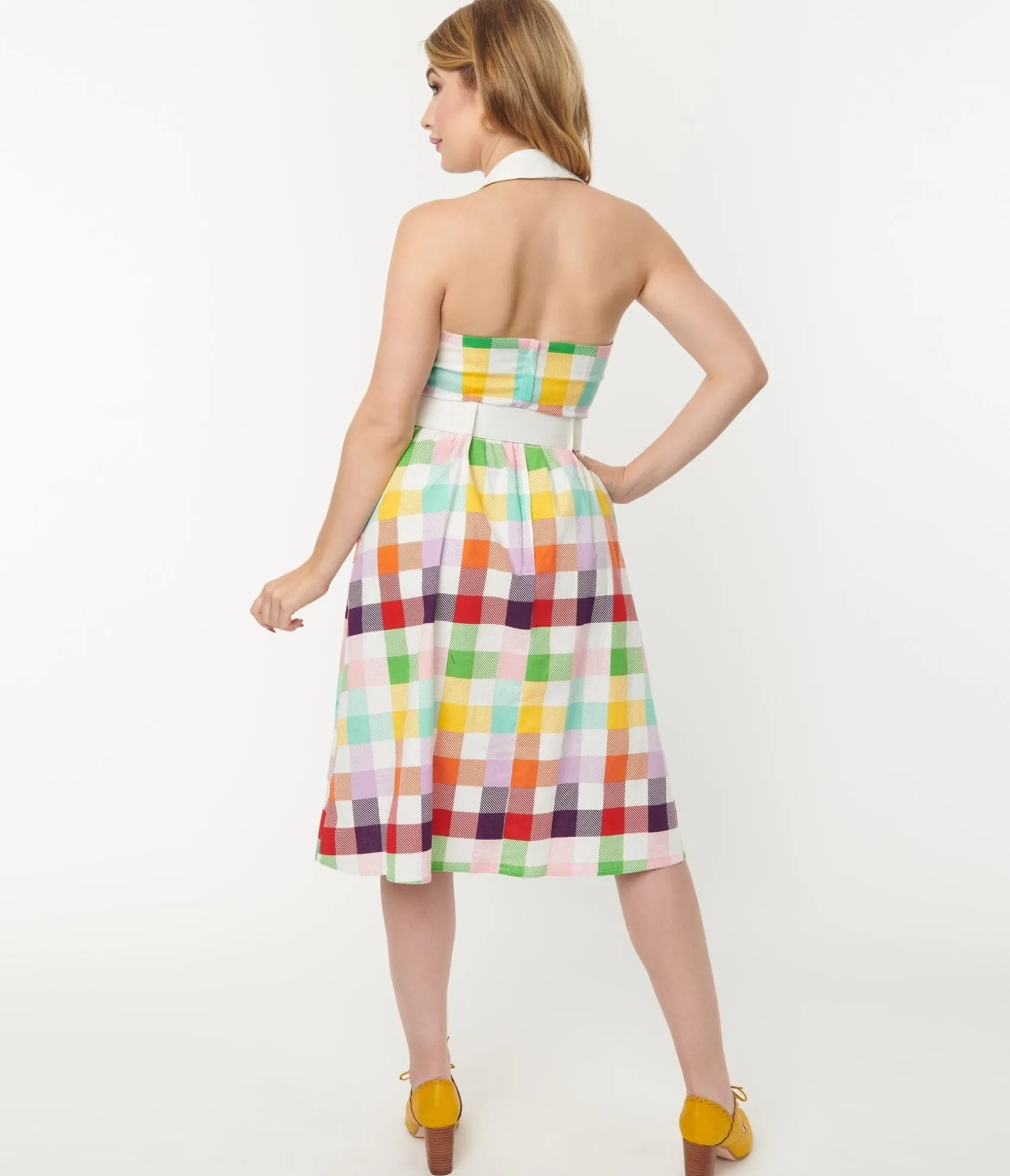 Unique Vintage Collectif Rainbow Checkered Halter Waverly Swing Dress Fashion