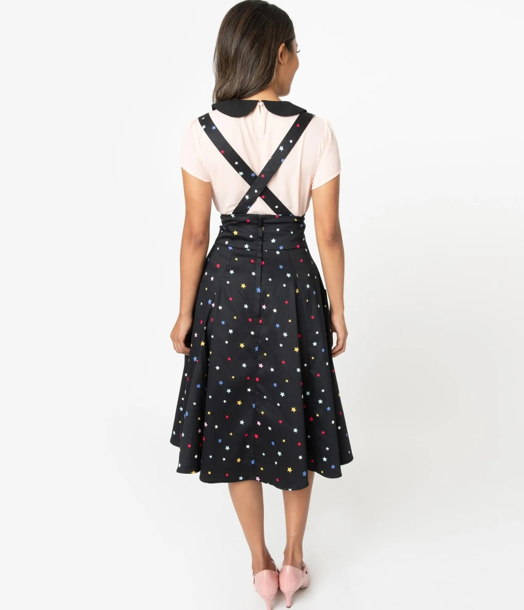 Unique Vintage Collectif 1950s Black & Multicolor Stars Alexa Suspender Swing Skirt Cheap