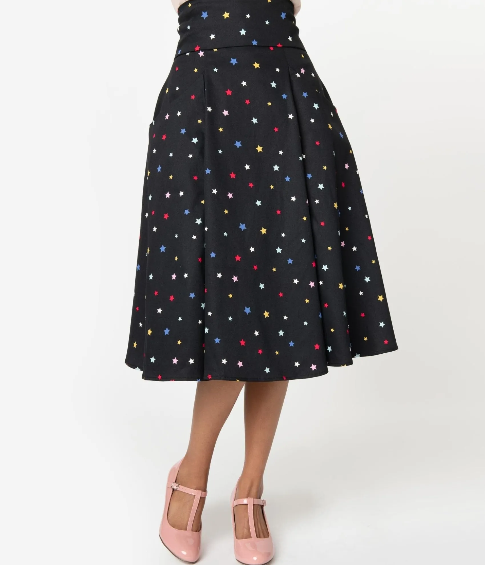 Unique Vintage Collectif 1950s Black & Multicolor Stars Alexa Suspender Swing Skirt Cheap