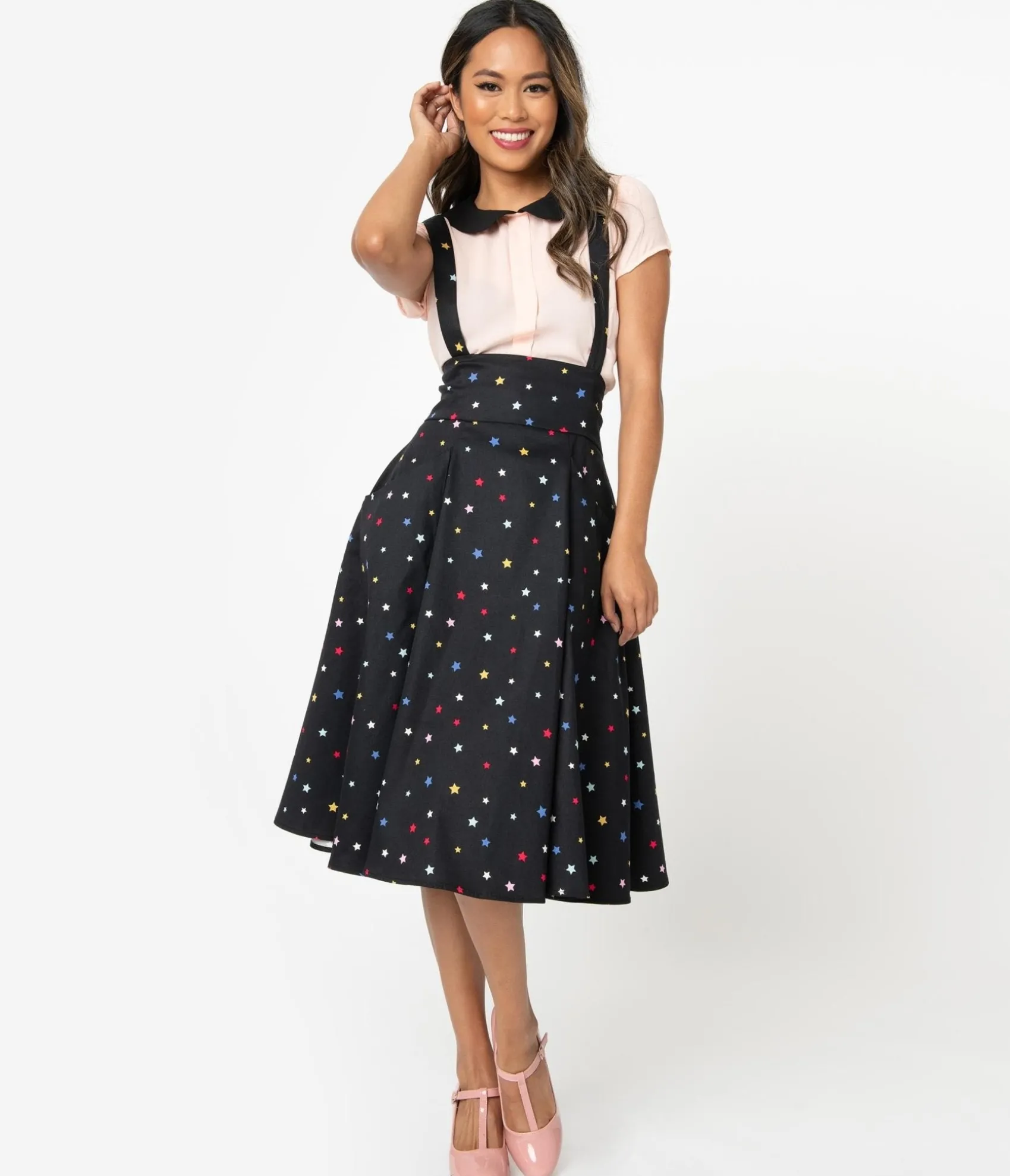 Unique Vintage Collectif 1950s Black & Multicolor Stars Alexa Suspender Swing Skirt Cheap