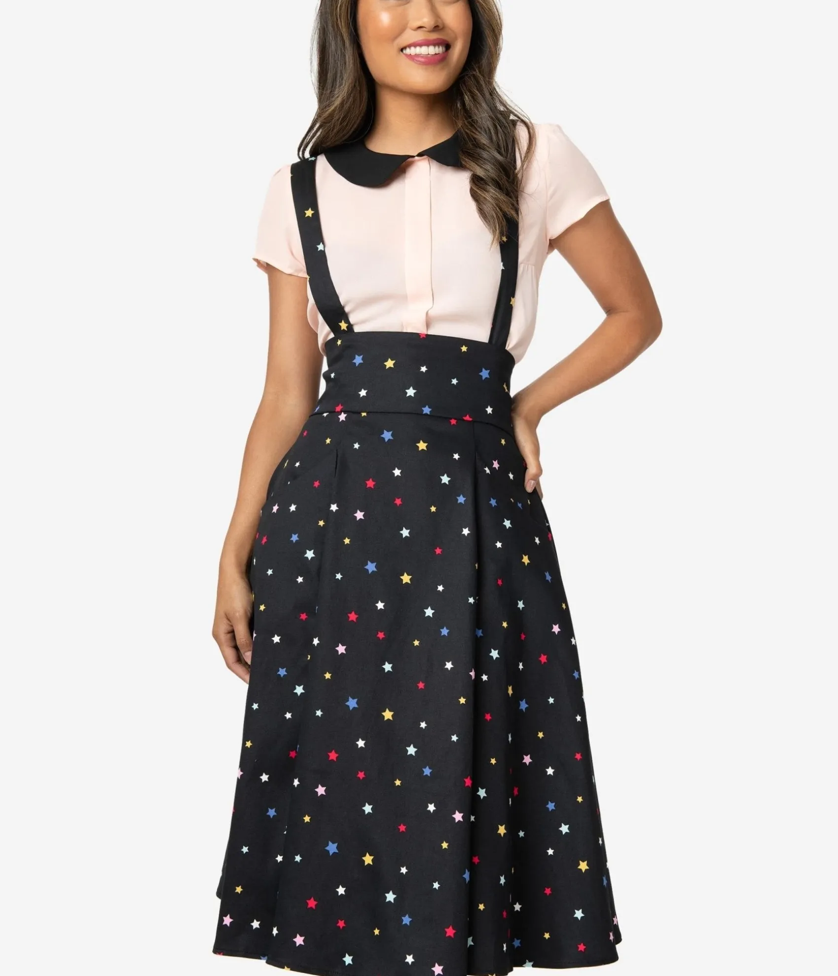 Unique Vintage Collectif 1950s Black & Multicolor Stars Alexa Suspender Swing Skirt Cheap