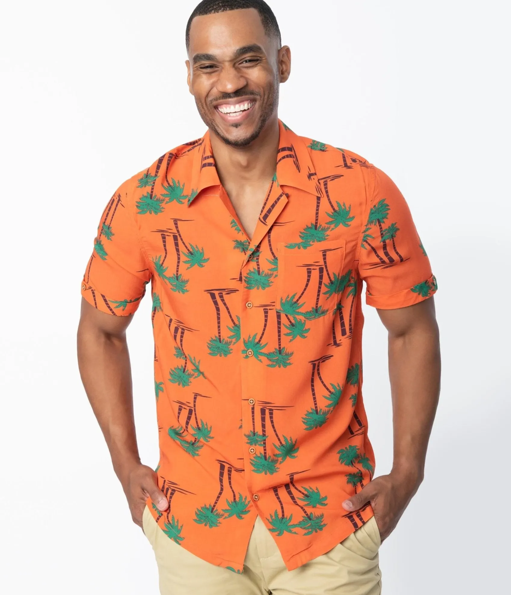 Unique Vintage Collectif 1940s Orange & Palm Beach Print Oscar Mens Shirt Sale
