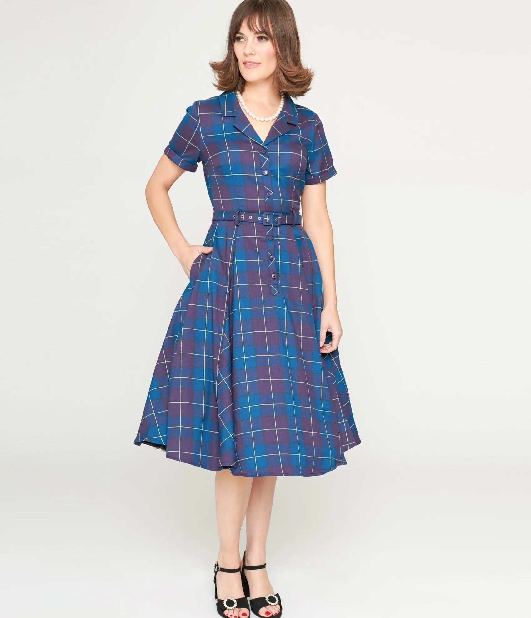 Unique Vintage Collectif Teal & Purple Checkered Caterina Swing Dress Best