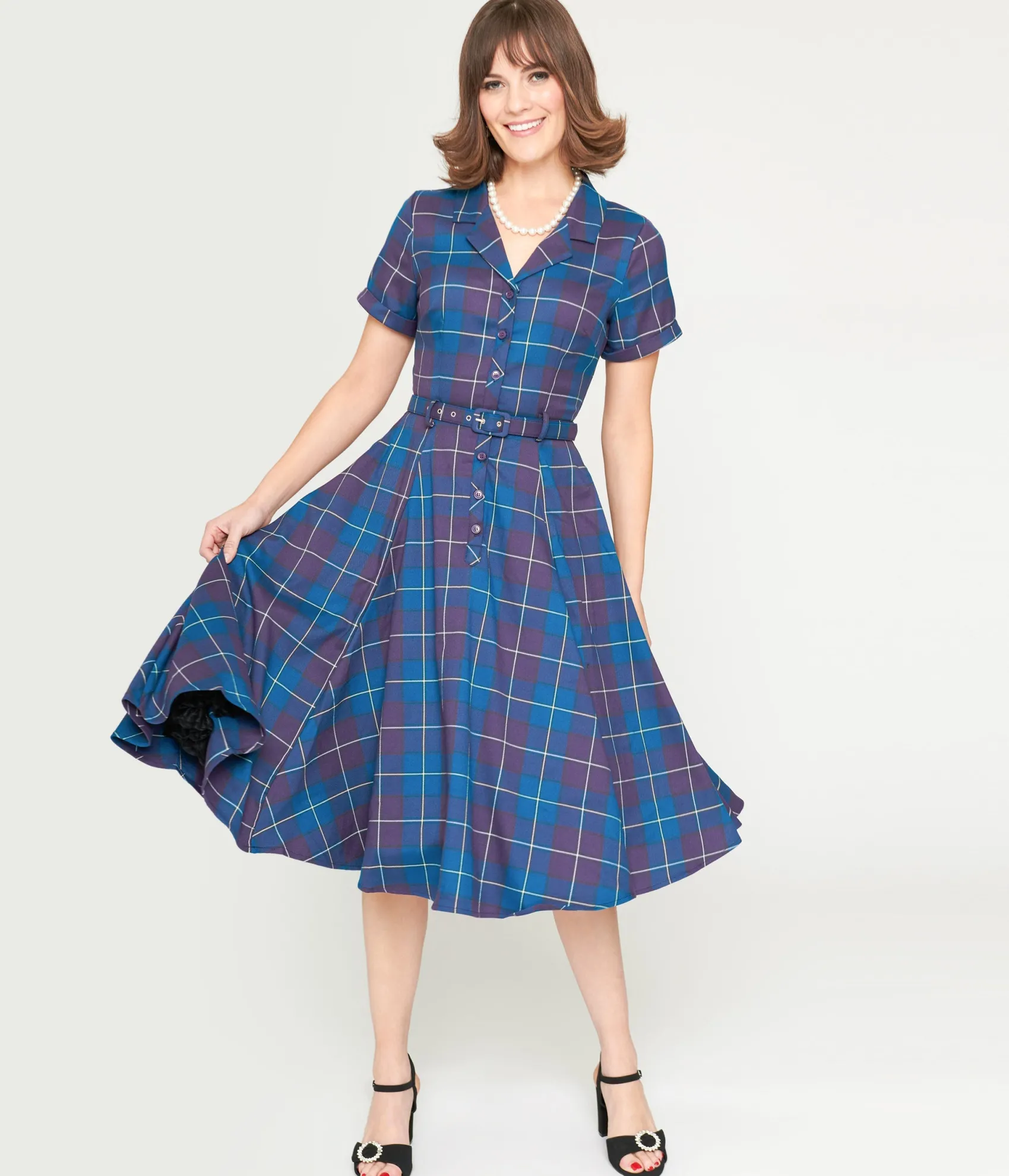 Unique Vintage Collectif Teal & Purple Checkered Caterina Swing Dress Best