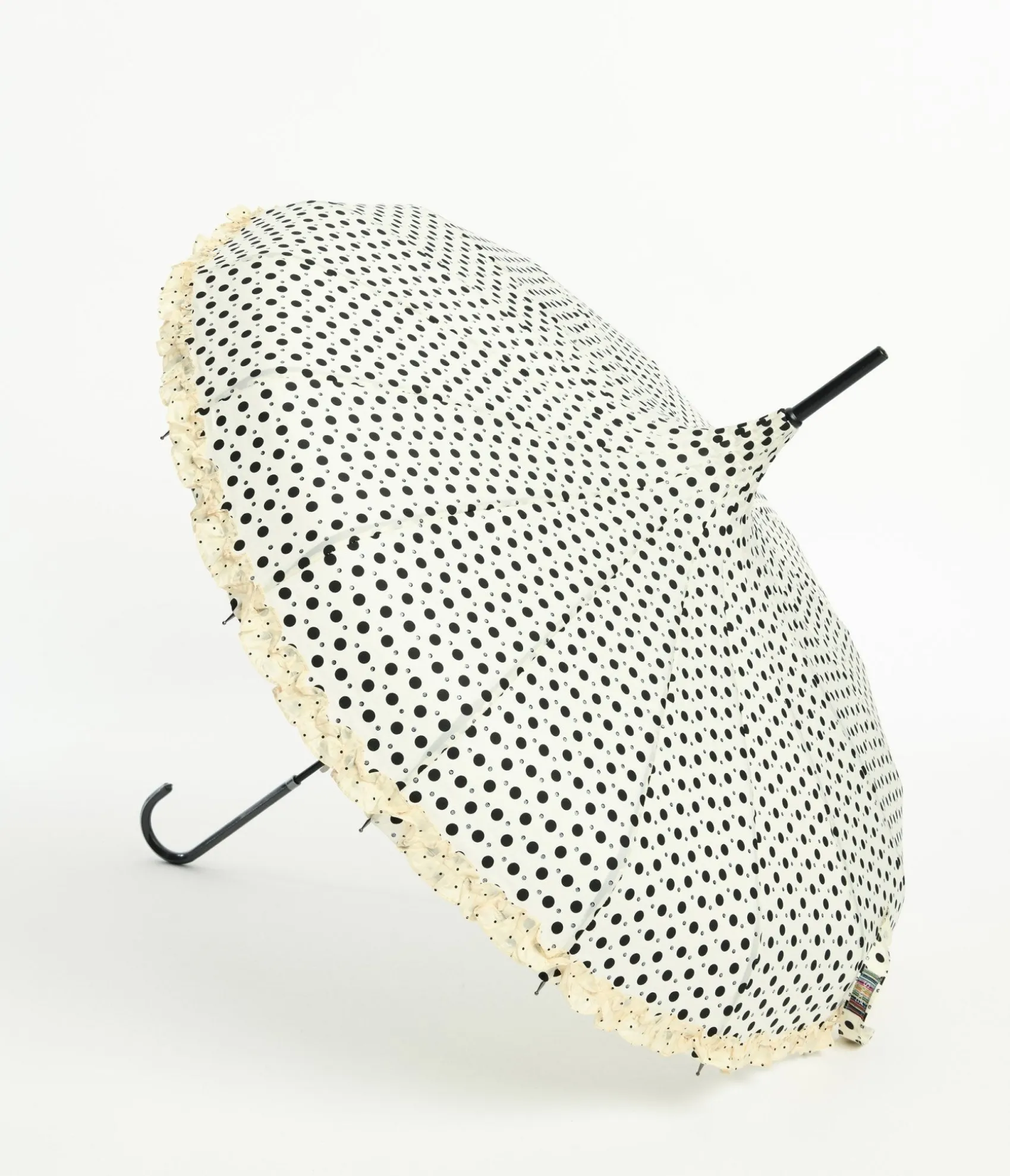 Unique Vintage Cream & Black Sparkle Dot Frilled Pagoda Umbrella Flash Sale