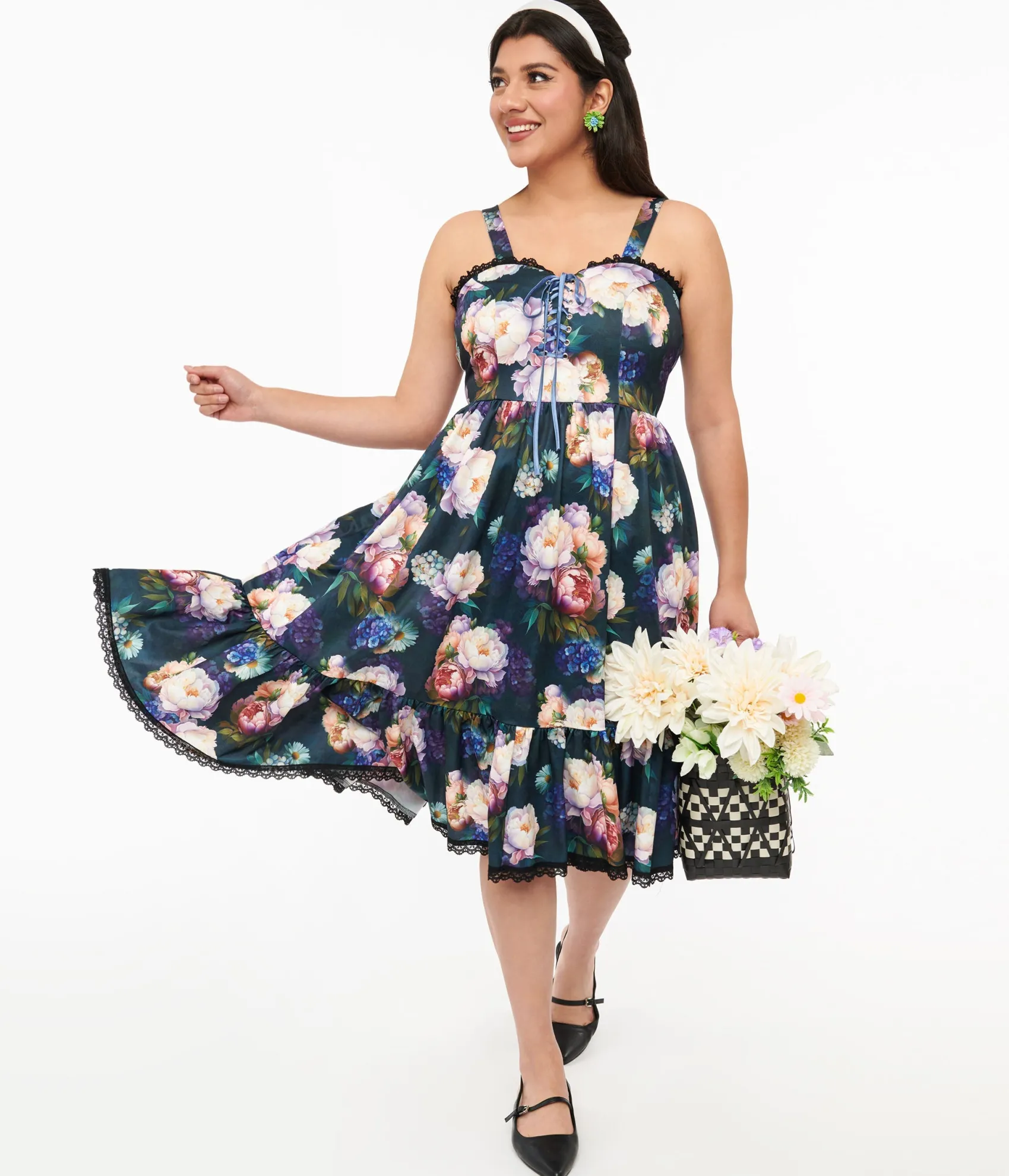 Unique Vintage Dark Green Floral Heidi Swing Dress Hot
