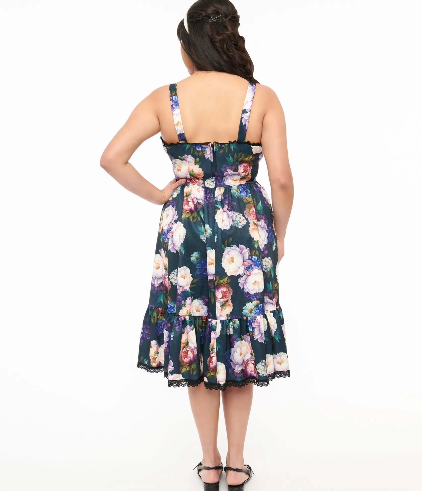 Unique Vintage Dark Green Floral Heidi Swing Dress Hot