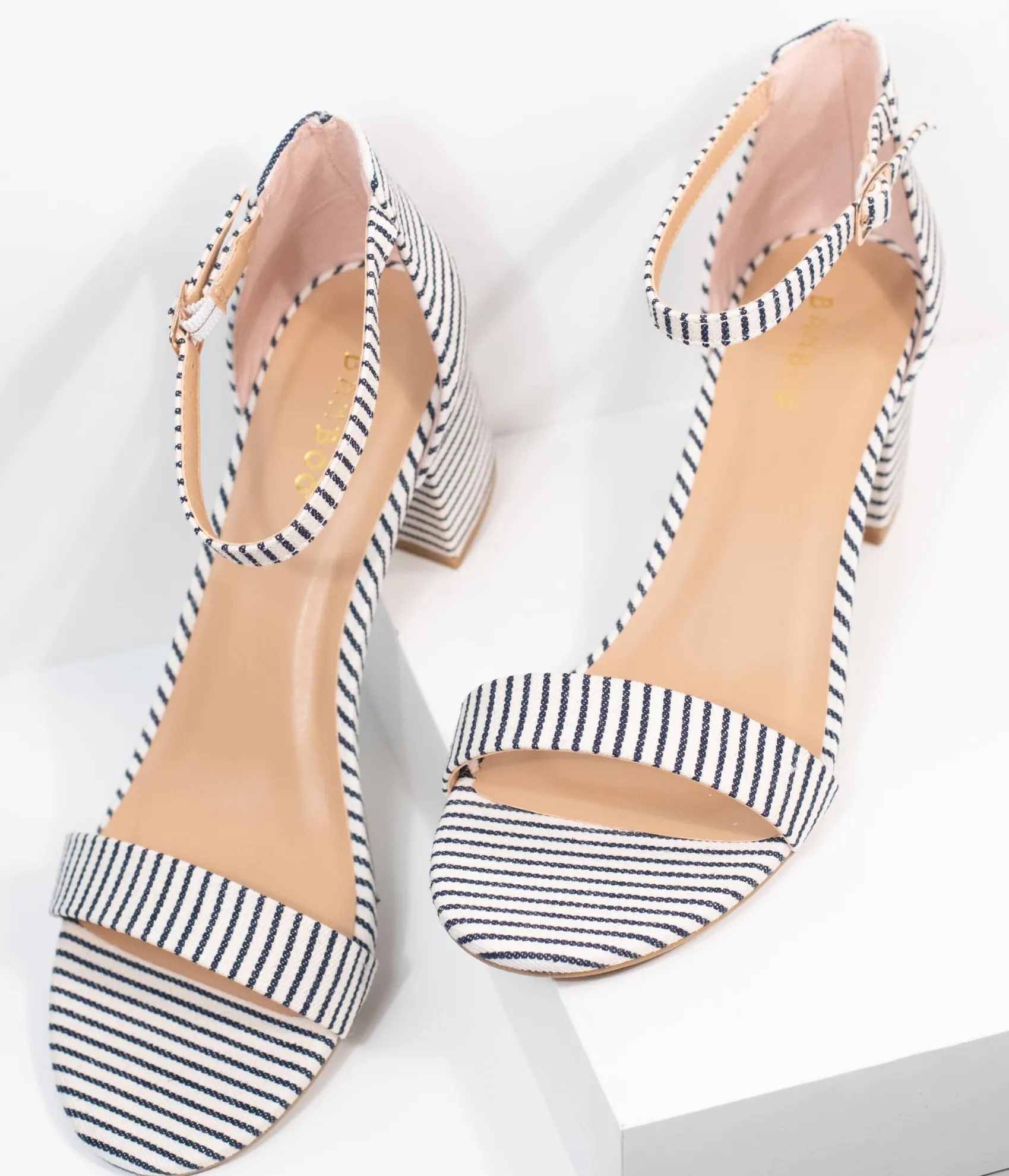 Unique Vintage Dark Navy & White Stripe Textile Heel Sandals Discount