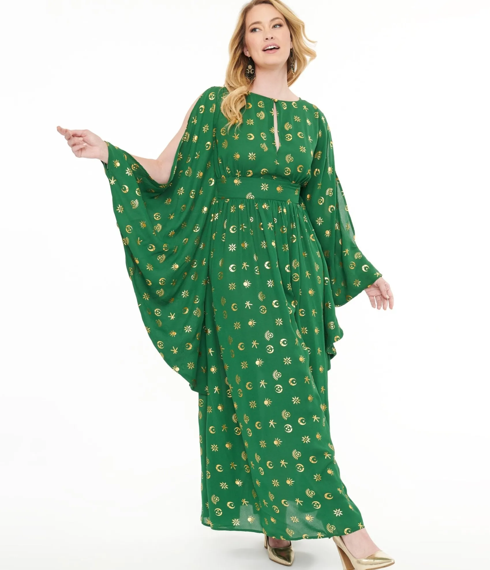Unique Vintage Disney Hocus Pocus Collection by Green & Gold Moon Print Caftan Clearance