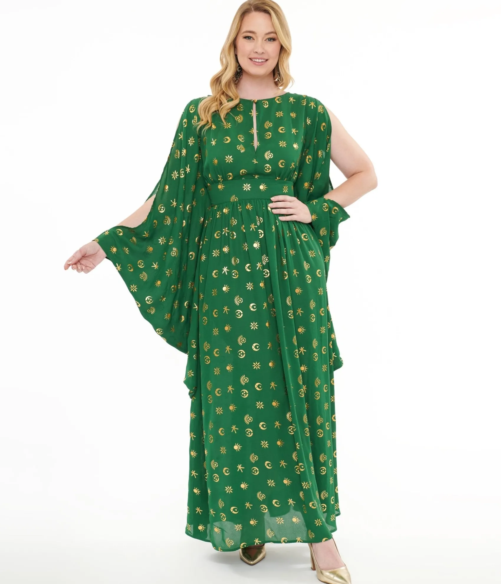 Unique Vintage Disney Hocus Pocus Collection by Green & Gold Moon Print Caftan Clearance