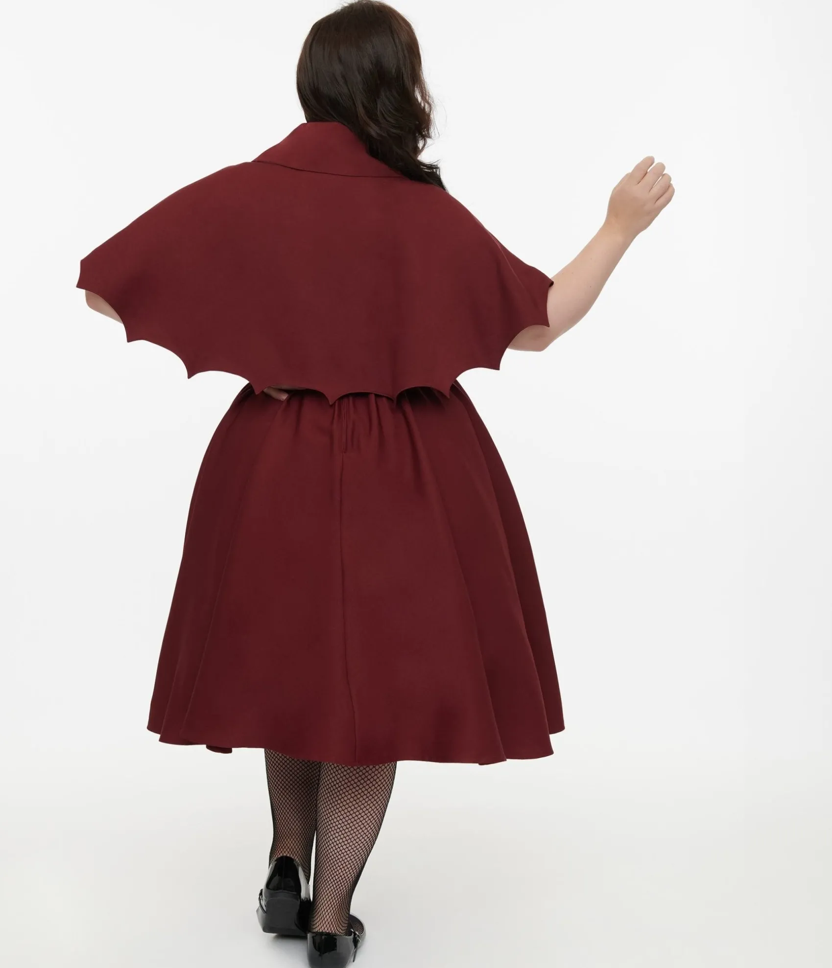 Unique Vintage Disney Hocus Pocus Collection by Plus Size Burgundy & Grey Plaid Hocus Pocus Capelet Swing Dress Clearance