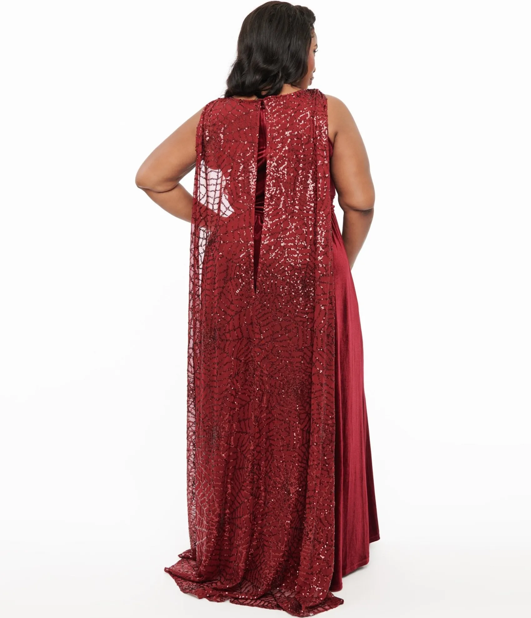 Unique Vintage Disney Hocus Pocus Collection by Plus Size Hocus Pocus Burgundy Velvet & Spiderweb Sequin Cape Gown Discount