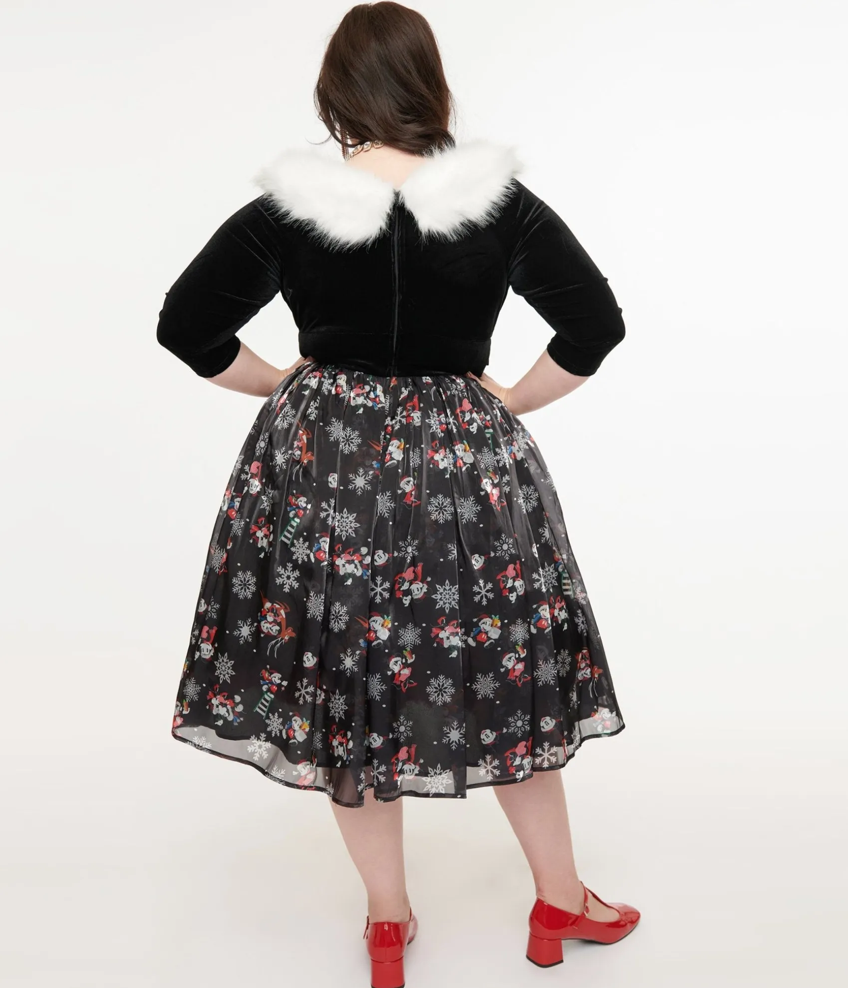 Unique Vintage Disney Holiday Collection by Plus Size Minnie & Mickey Fur Collared Marceline Swing Dress Flash Sale
