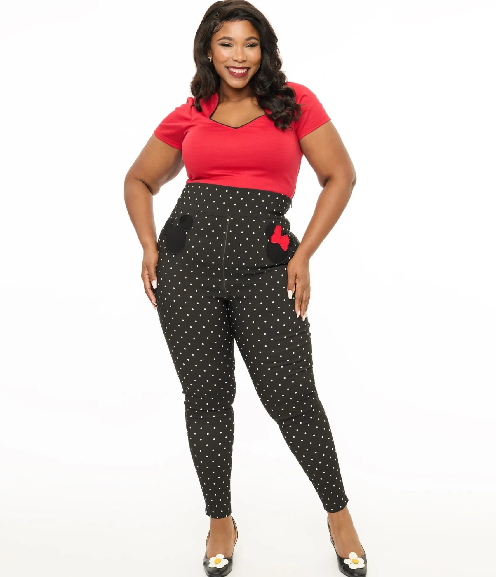 Unique Vintage Disney Mickey & Friends Collection by Plus Size Black & White Pin Dot Mickey & Minnie Mouse Pocket Rizzo Cigarette Pants Shop