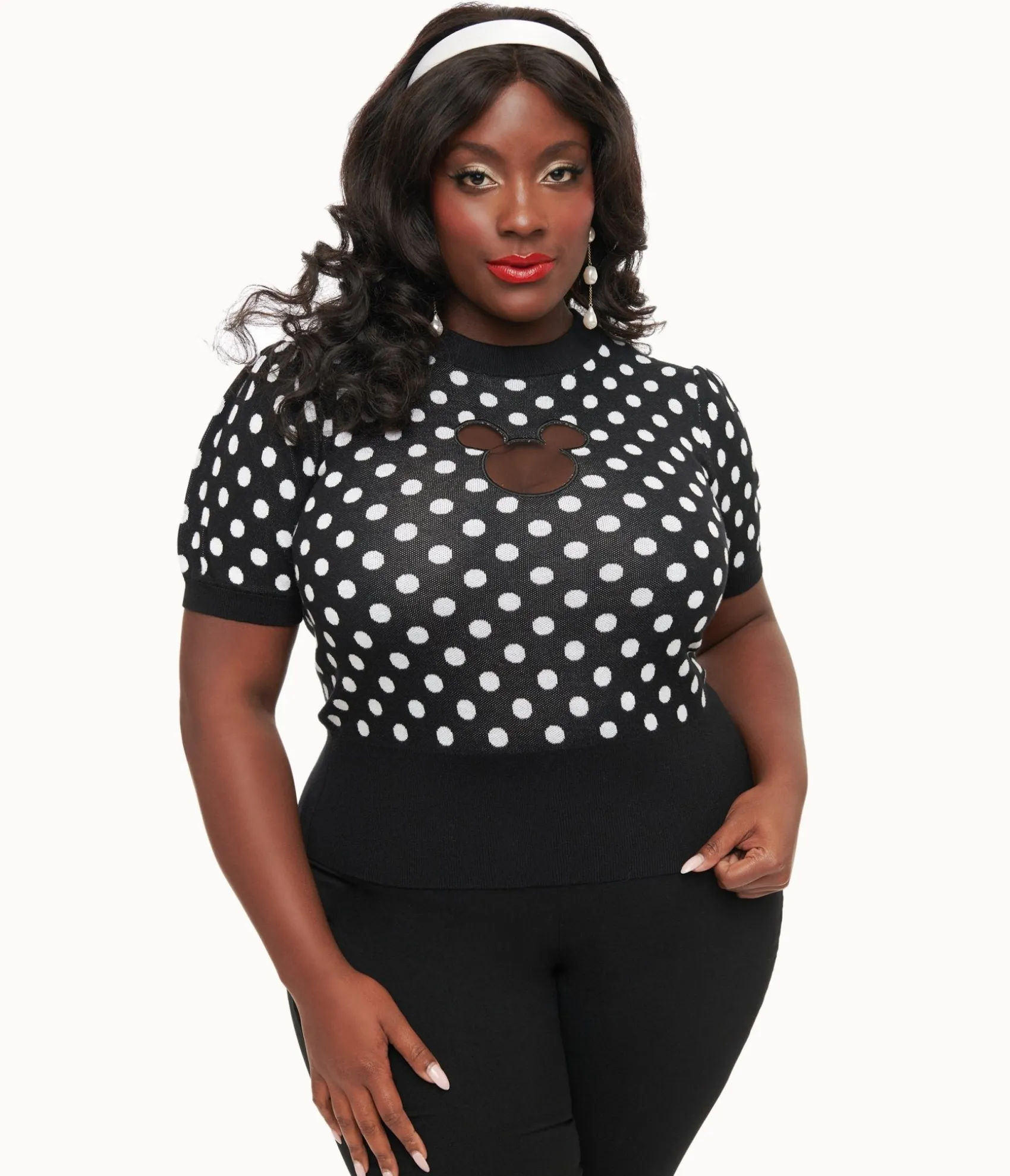 Unique Vintage Disney Mickey & Friends Collection by Plus Size Black & White Polka Dot Mickey Mouse Cutout Sweater Online