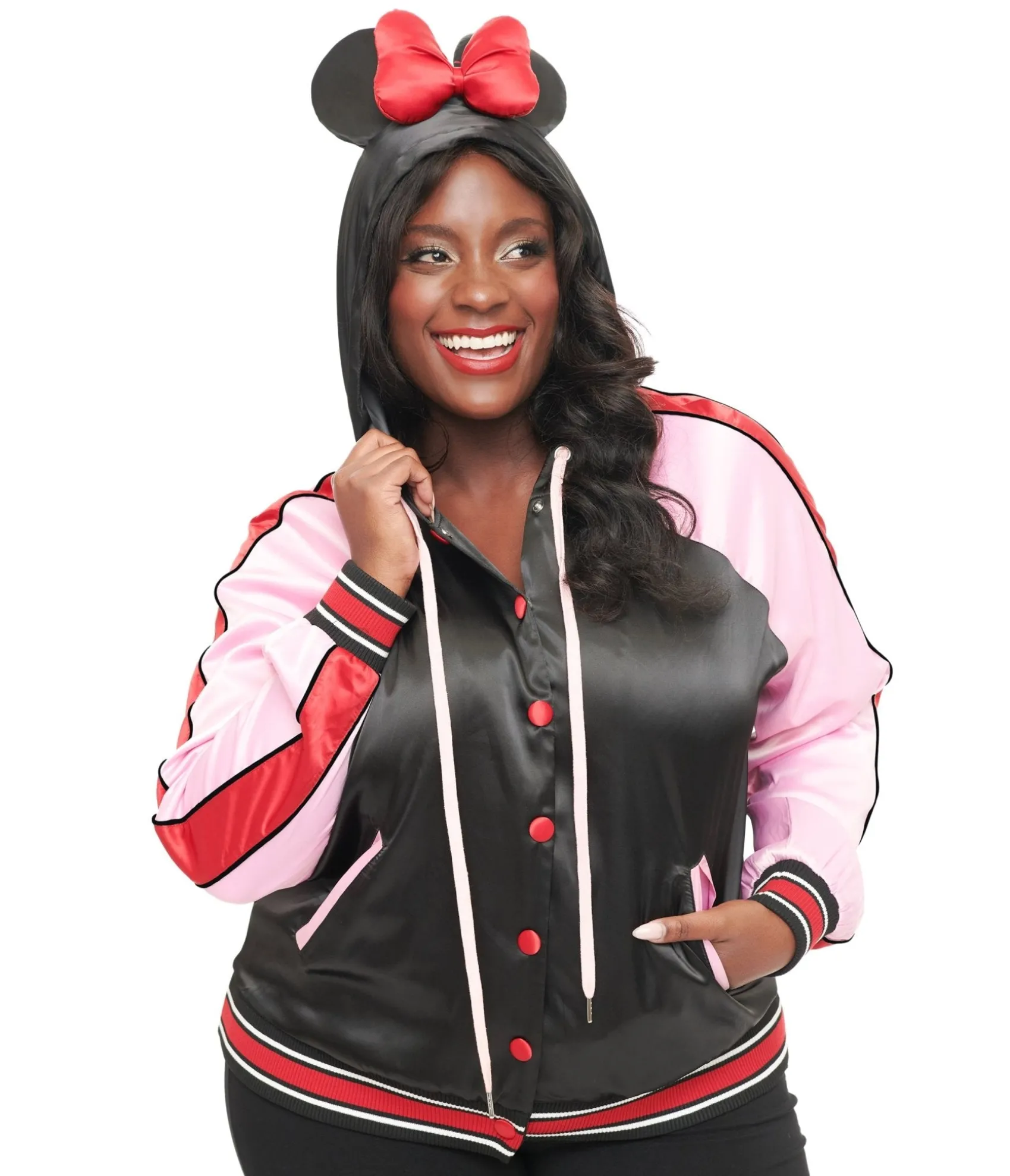 Unique Vintage Disney Mickey & Friends Collection by Plus Size Minnie Mouse Hooded Satin Bomber Jacket Discount