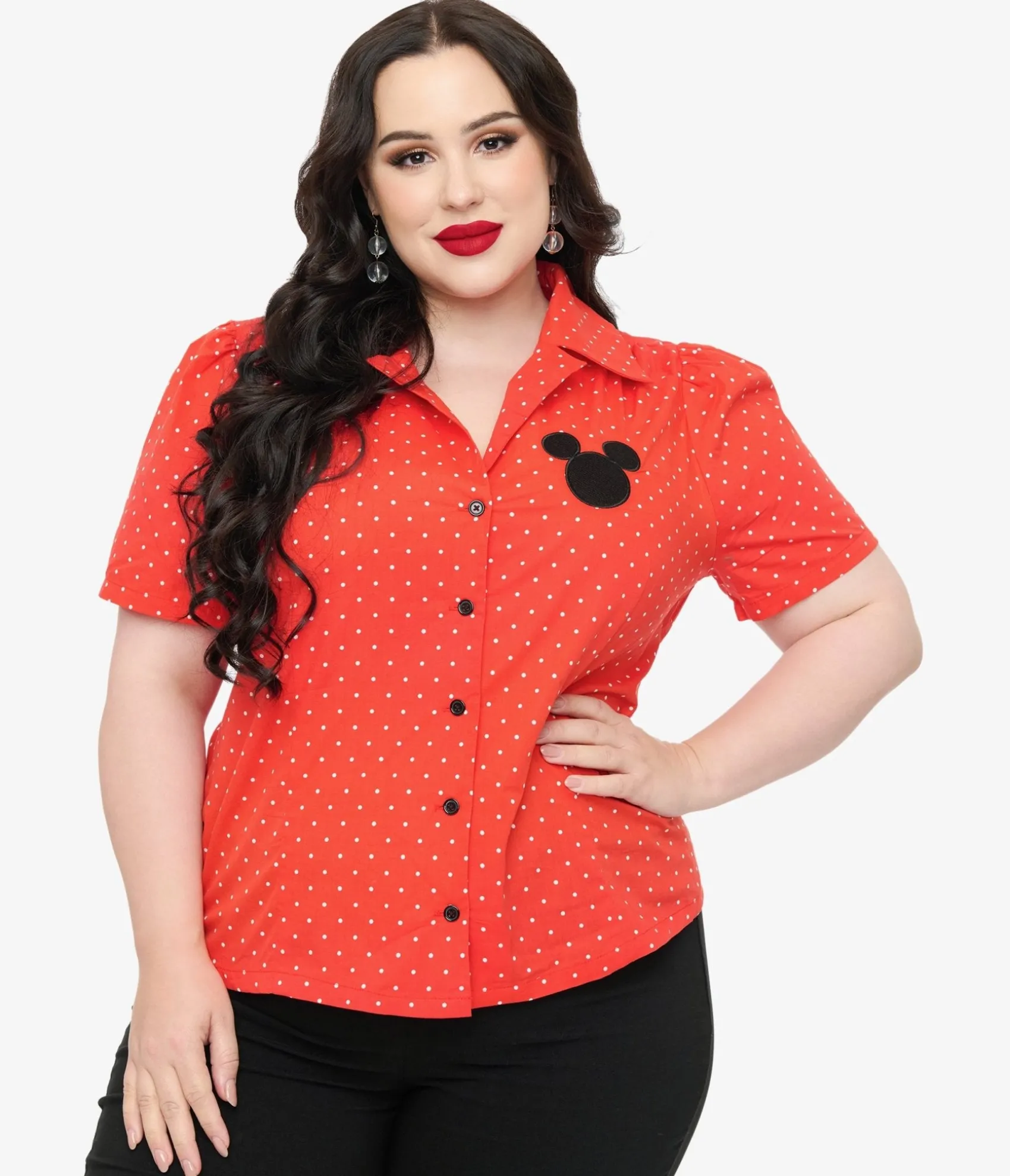 Unique Vintage Disney Mickey & Friends Collection by Plus Size Red Pin Dot Mickey Mouse Silhouette Cotton Blouse Cheap