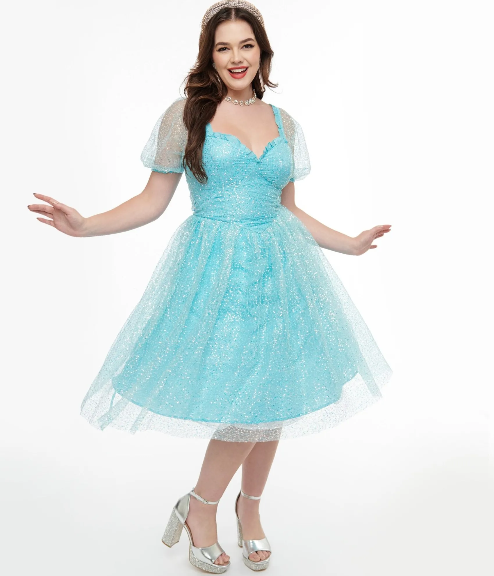 Unique Vintage Disney Princess collection by Blue Sequin Mesh Short Sleeve Cinderella Dress Best Sale