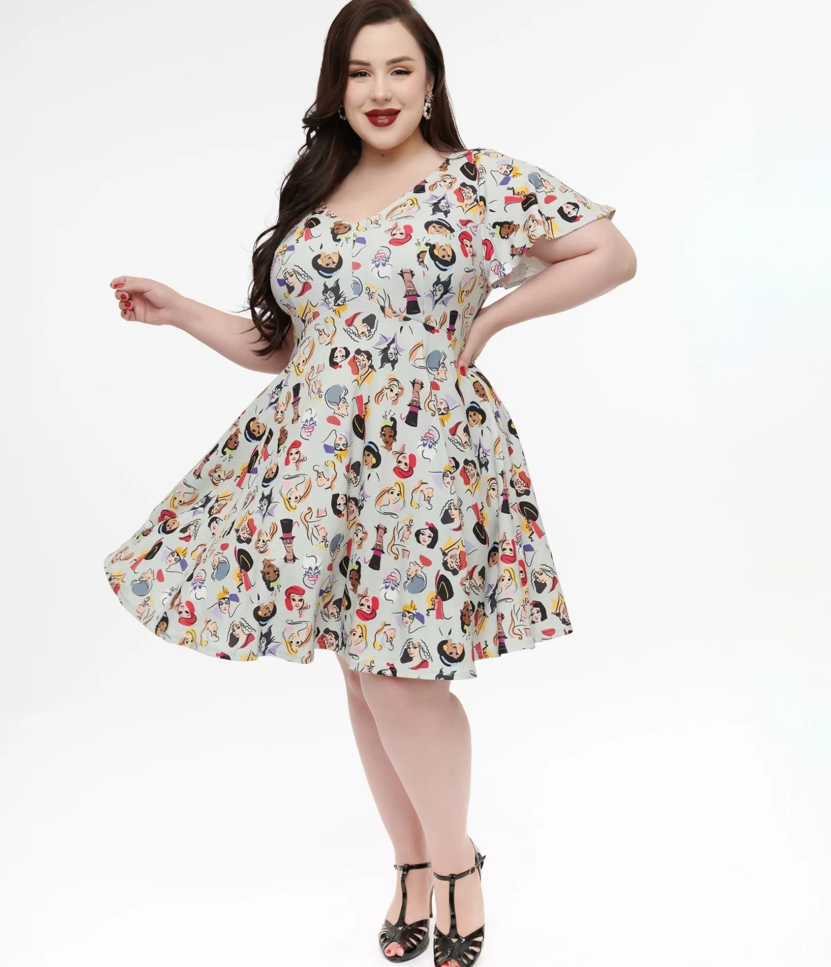 Unique Vintage Disney Princess Collection by Plus Size Grey Princess & Villain All Over Print Fit & Flare Dress Discount