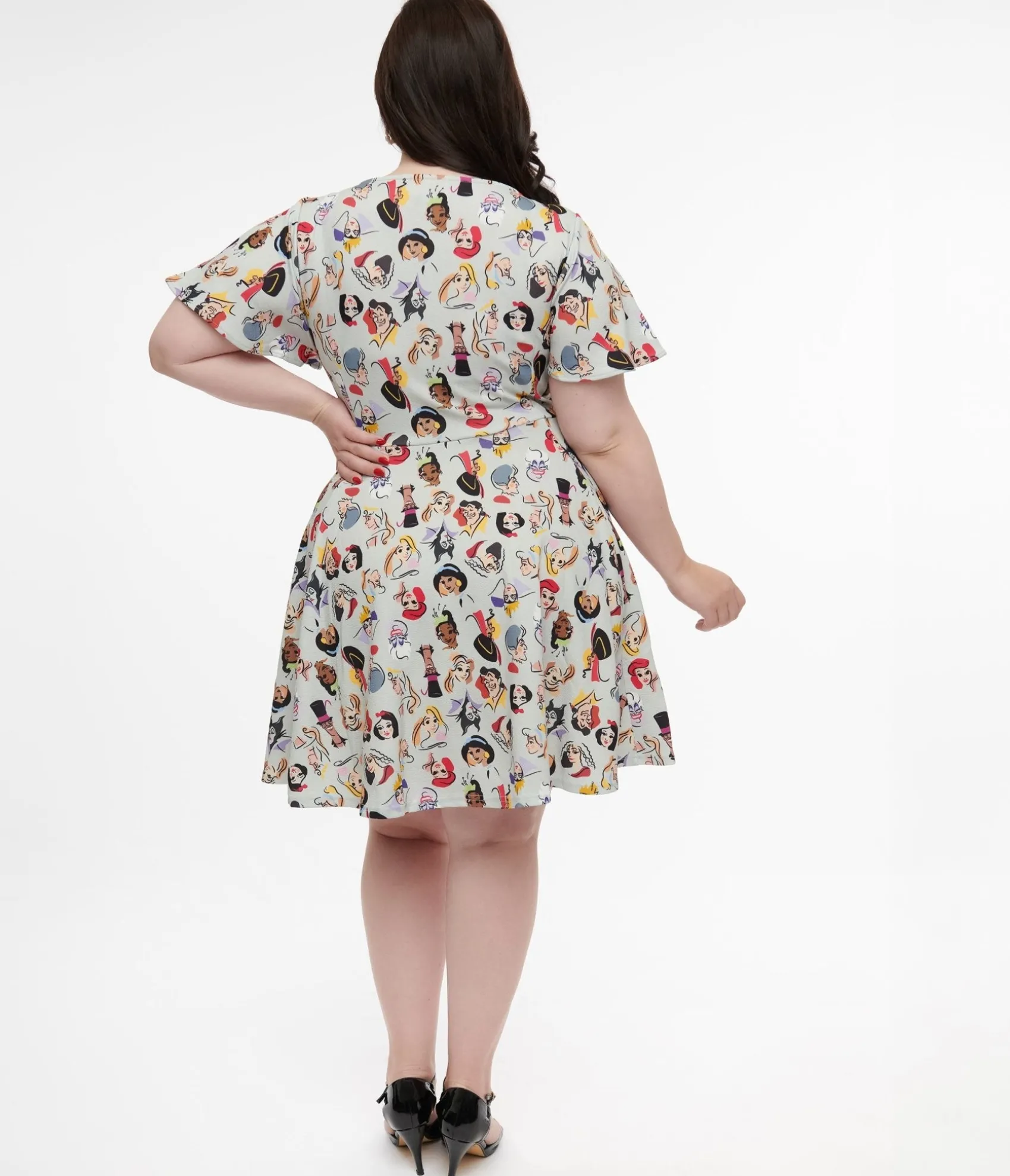 Unique Vintage Disney Princess Collection by Plus Size Grey Princess & Villain All Over Print Fit & Flare Dress Discount