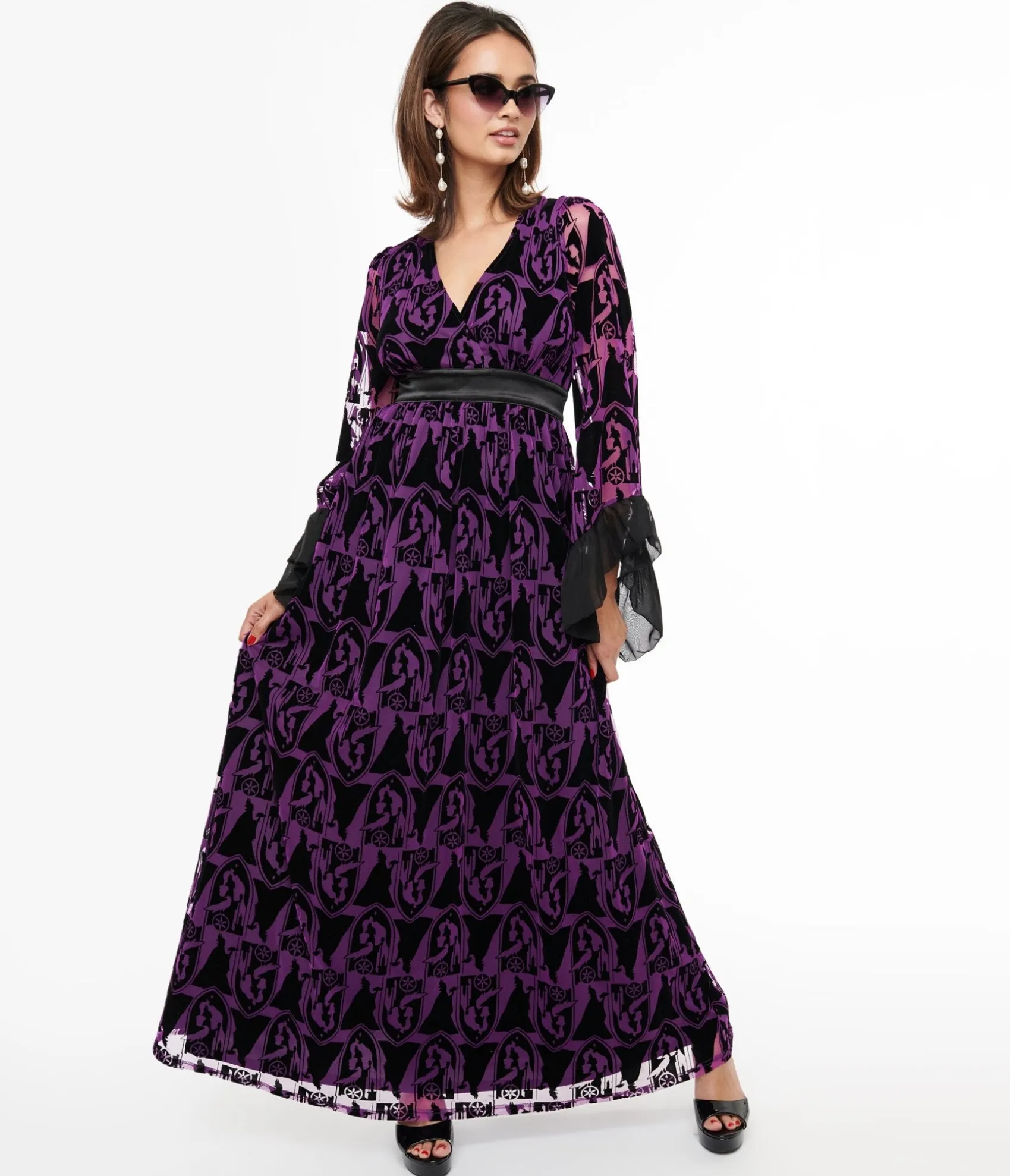 Unique Vintage Disney Princess collection by Purple & Black Velvet Burnout Maleficent Print Maxi Dress Best Sale