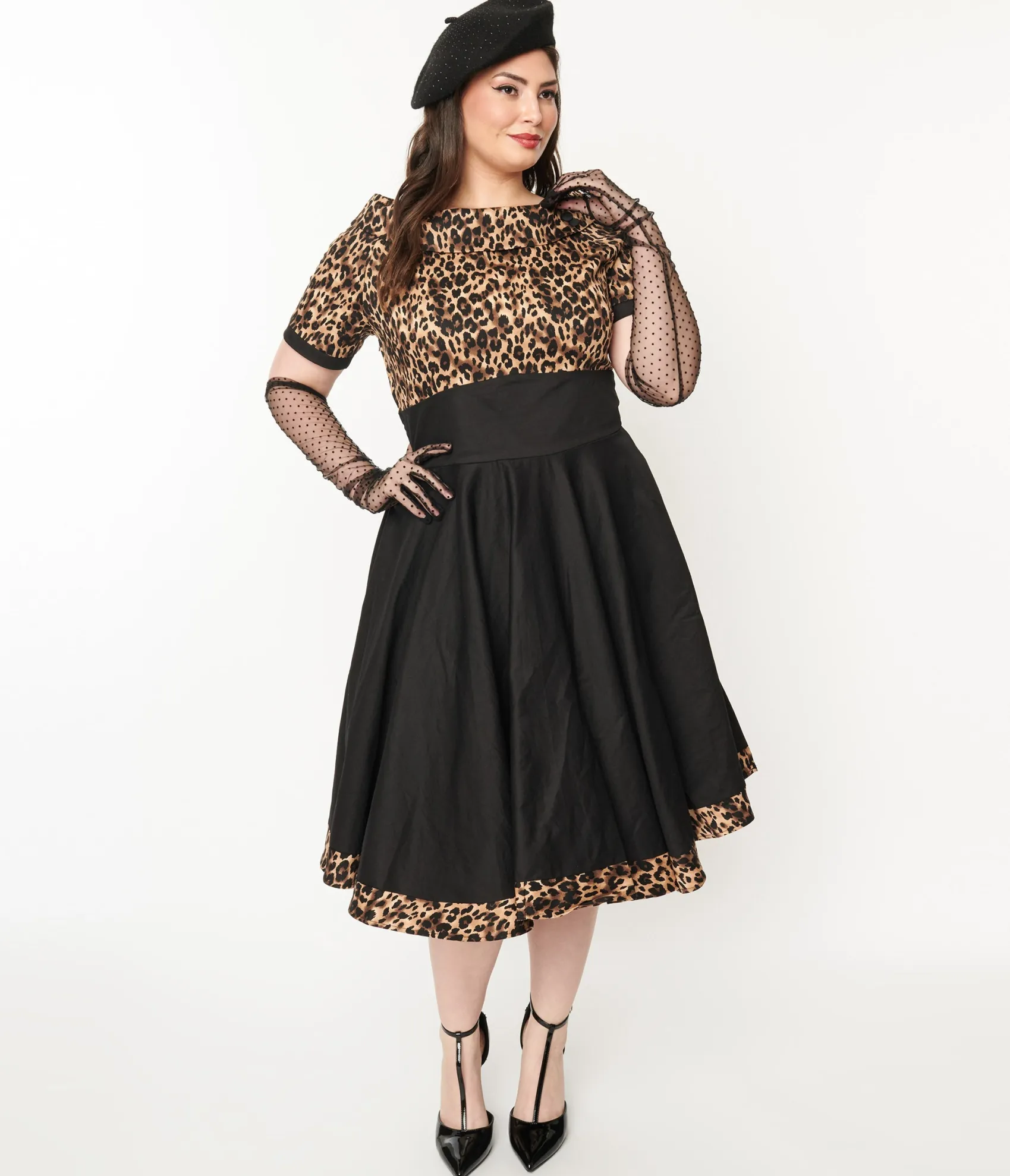 Unique Vintage Dolly & Dotty Black & Leopard Print Darlene Swing Dress Store