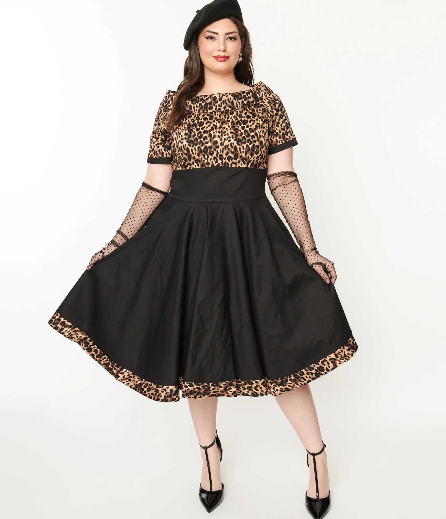 Unique Vintage Dolly & Dotty Black & Leopard Print Darlene Swing Dress Store