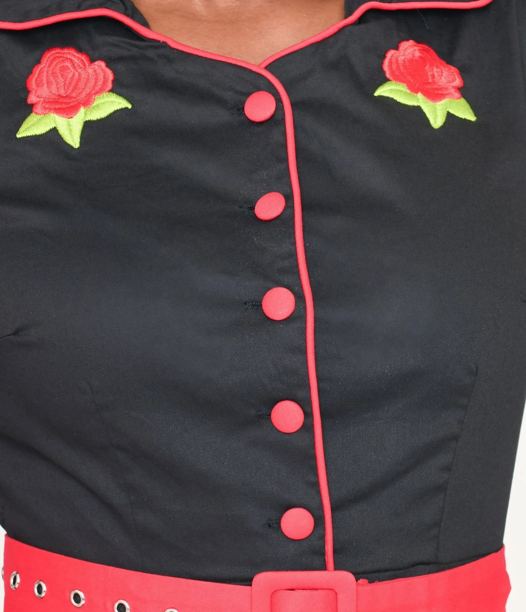Unique Vintage Dolly & Dotty Black & Red Trim Embroidered Sherry Swing Dress Store