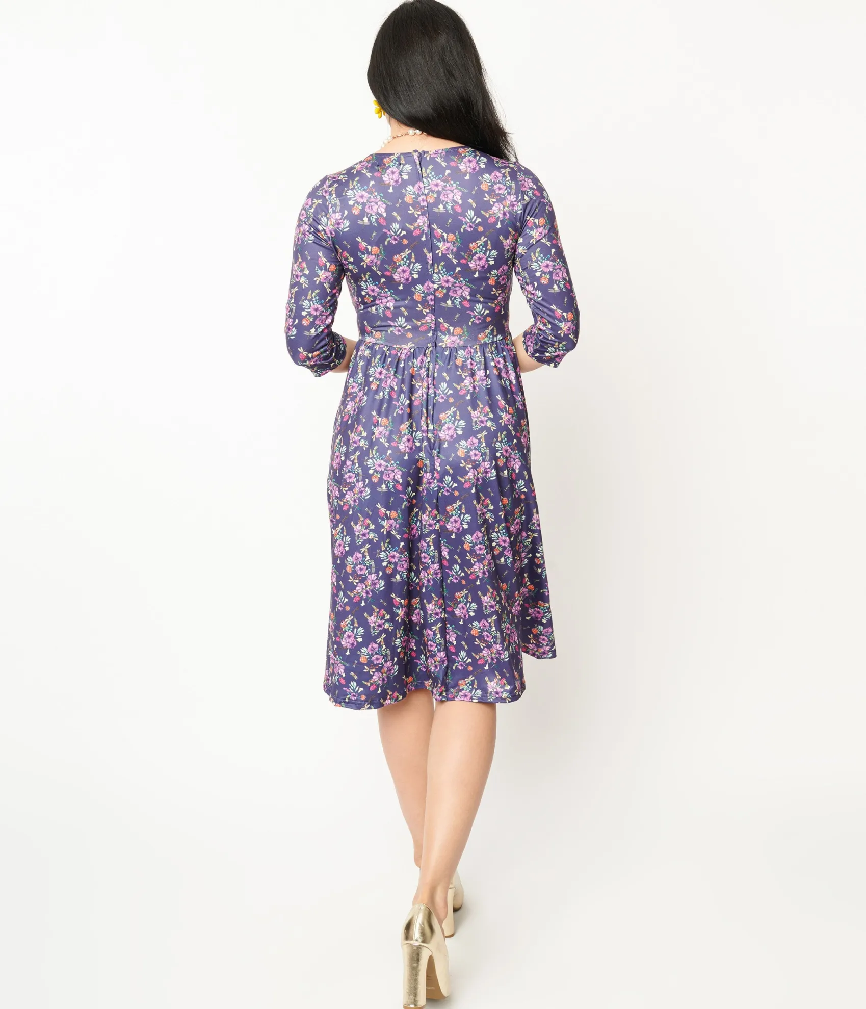 Unique Vintage Dolly & Dotty Purple Dragonfly Floral Print Billie Fit & Flare Dress Shop