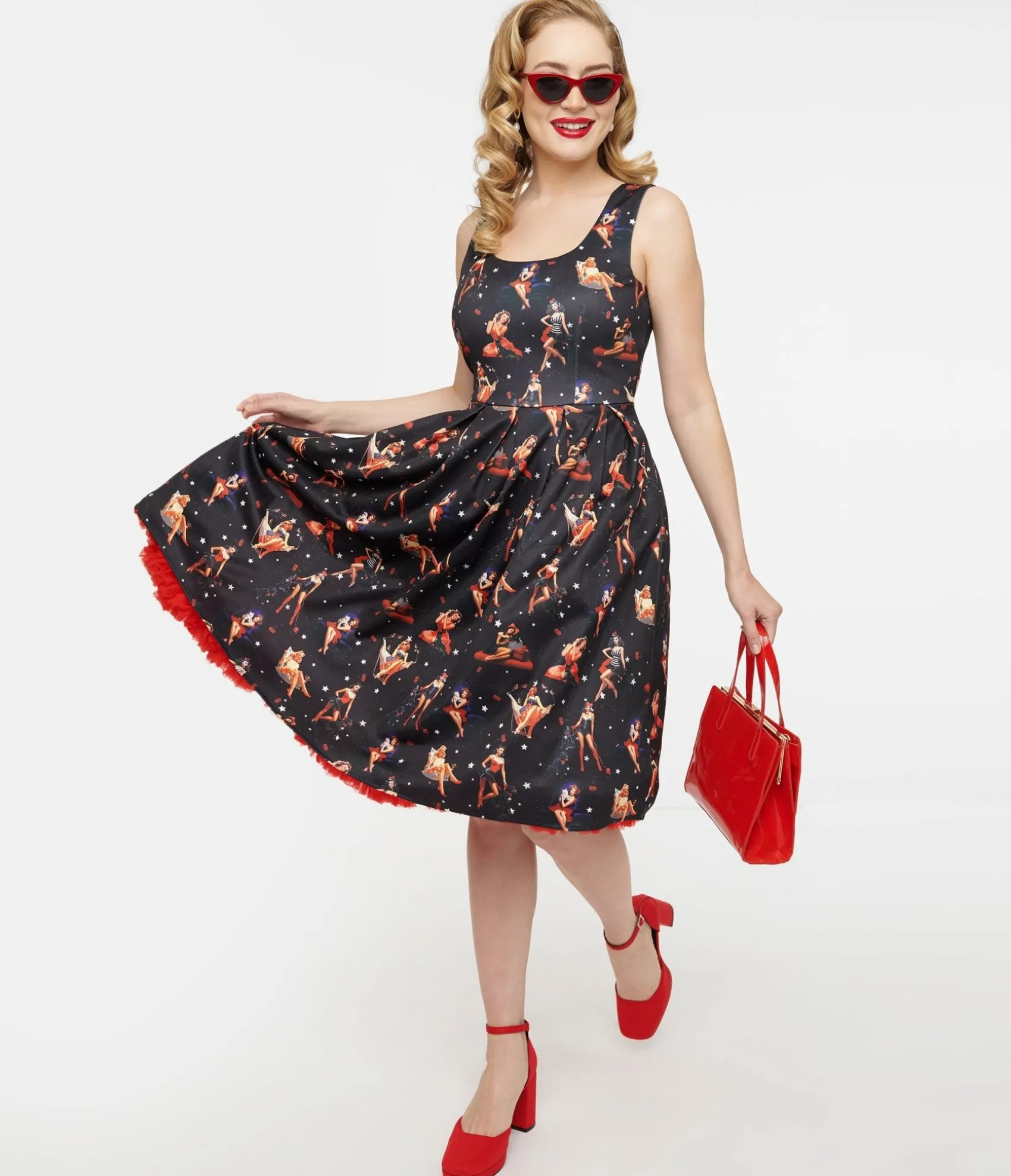 Unique Vintage Dolly & Dotty 1950s Black & Pinup Print Amanda Swing Dress Hot